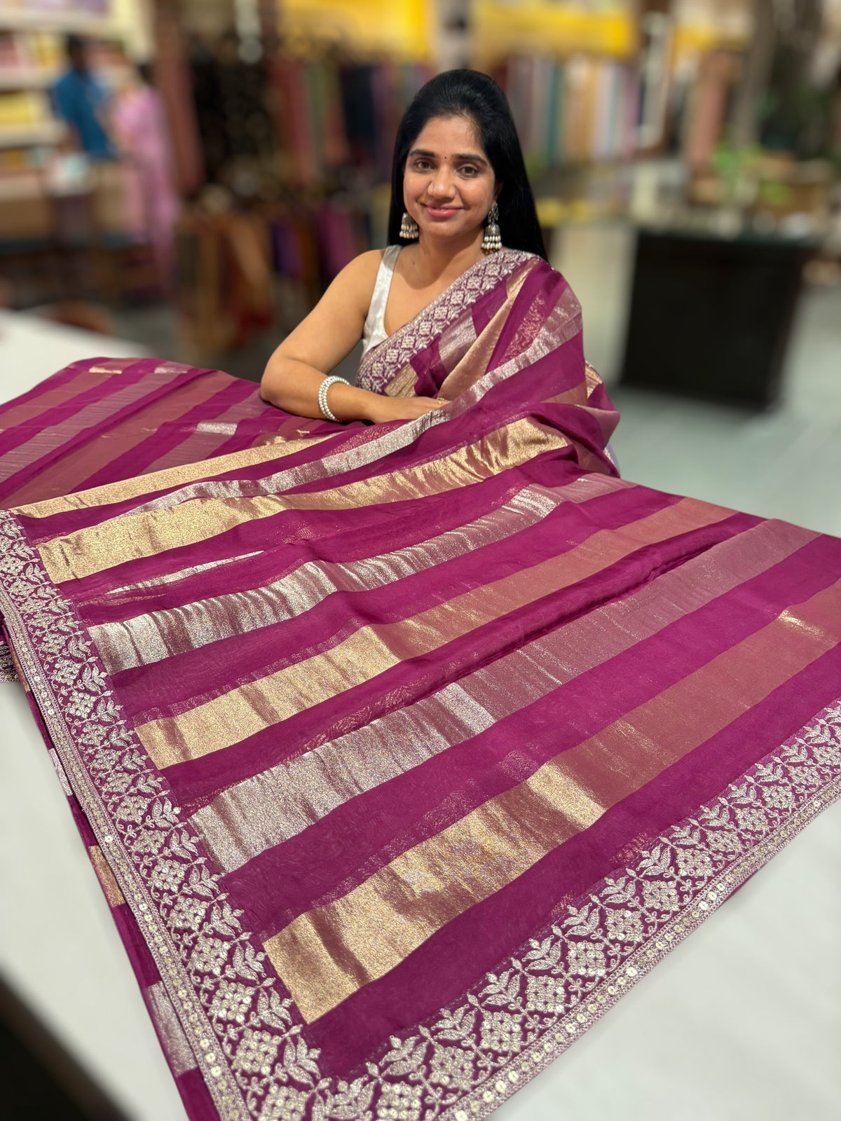 Wine kora tissue stripes saree
