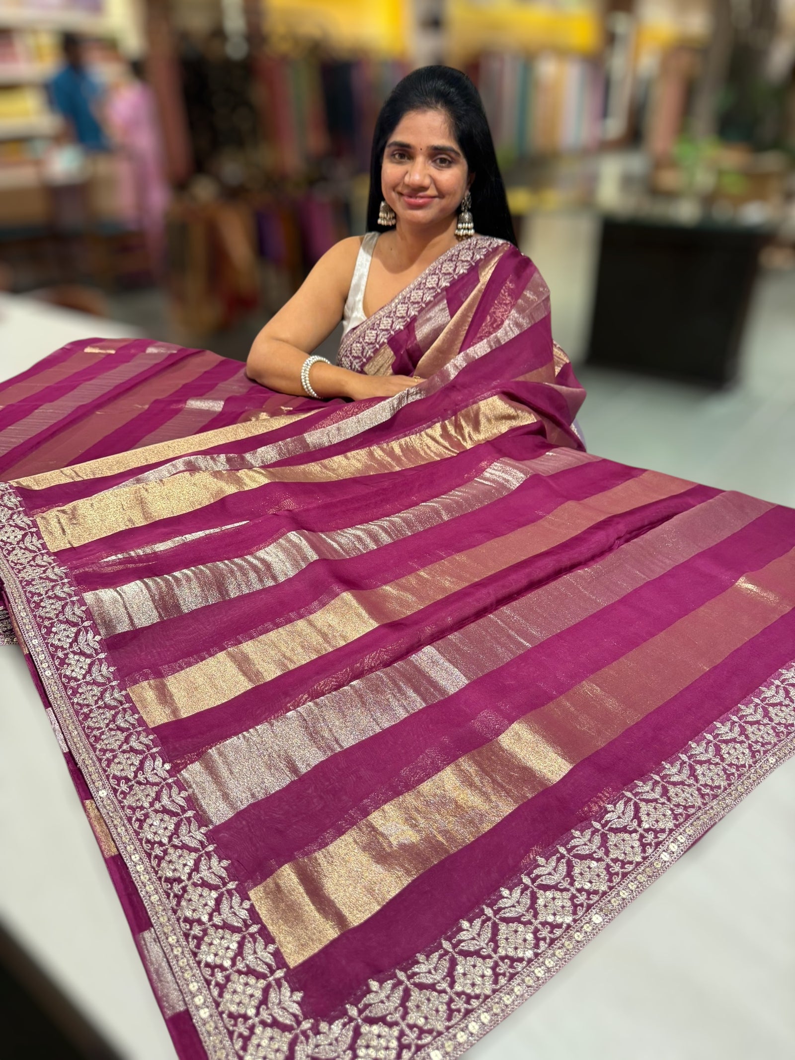 Wine kora tissue stripes saree