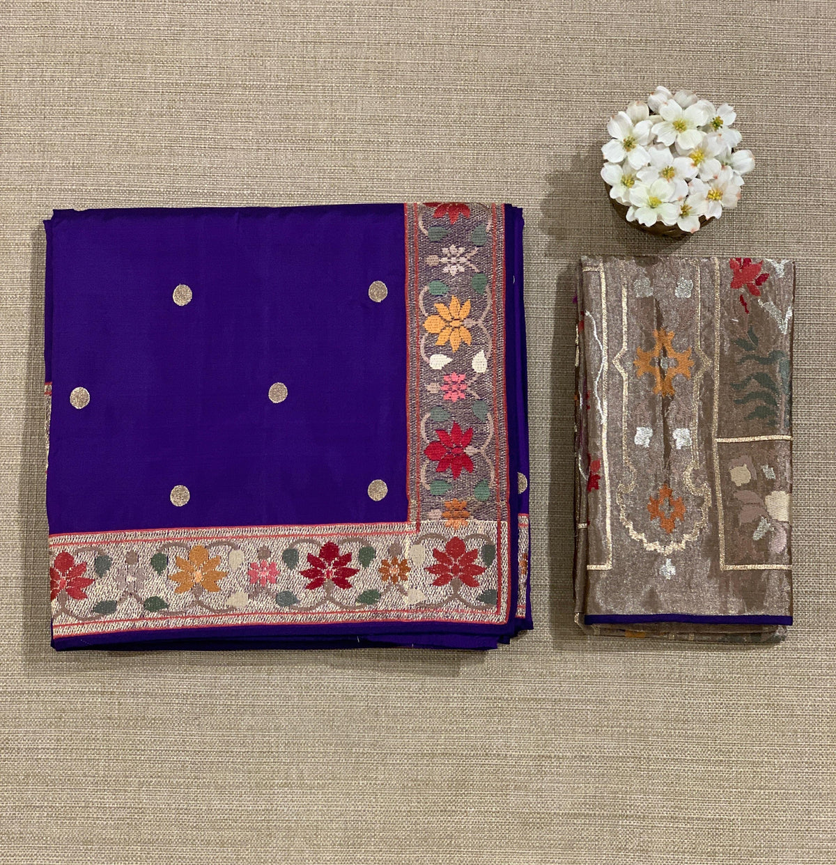 Violet Kanchi soft silk saree with pythani and jamdani inspired embroidery