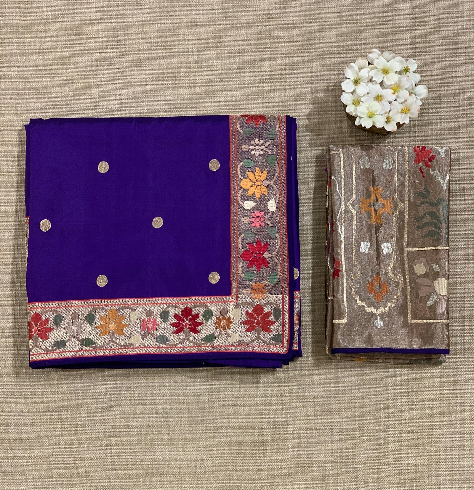 Violet Kanchi soft silk saree with pythani and jamdani inspired embroidery