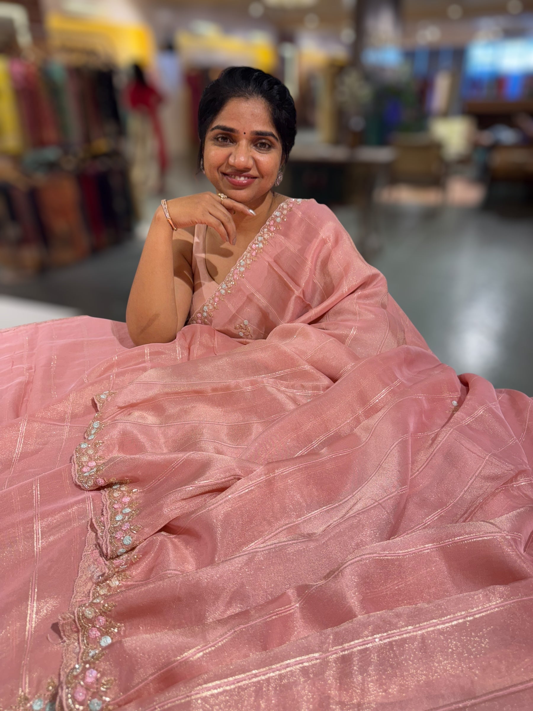 Tissue Gorgette Saree With Hanwork Border and Blouse.