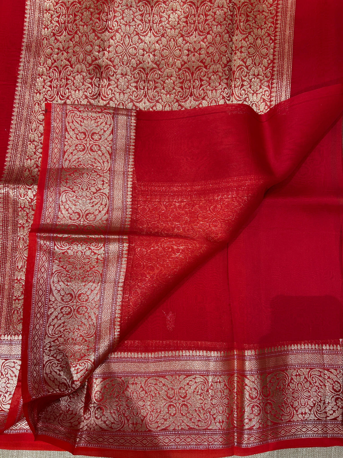 Red monotone Pure Handloom premium Kora Banarasi Saree