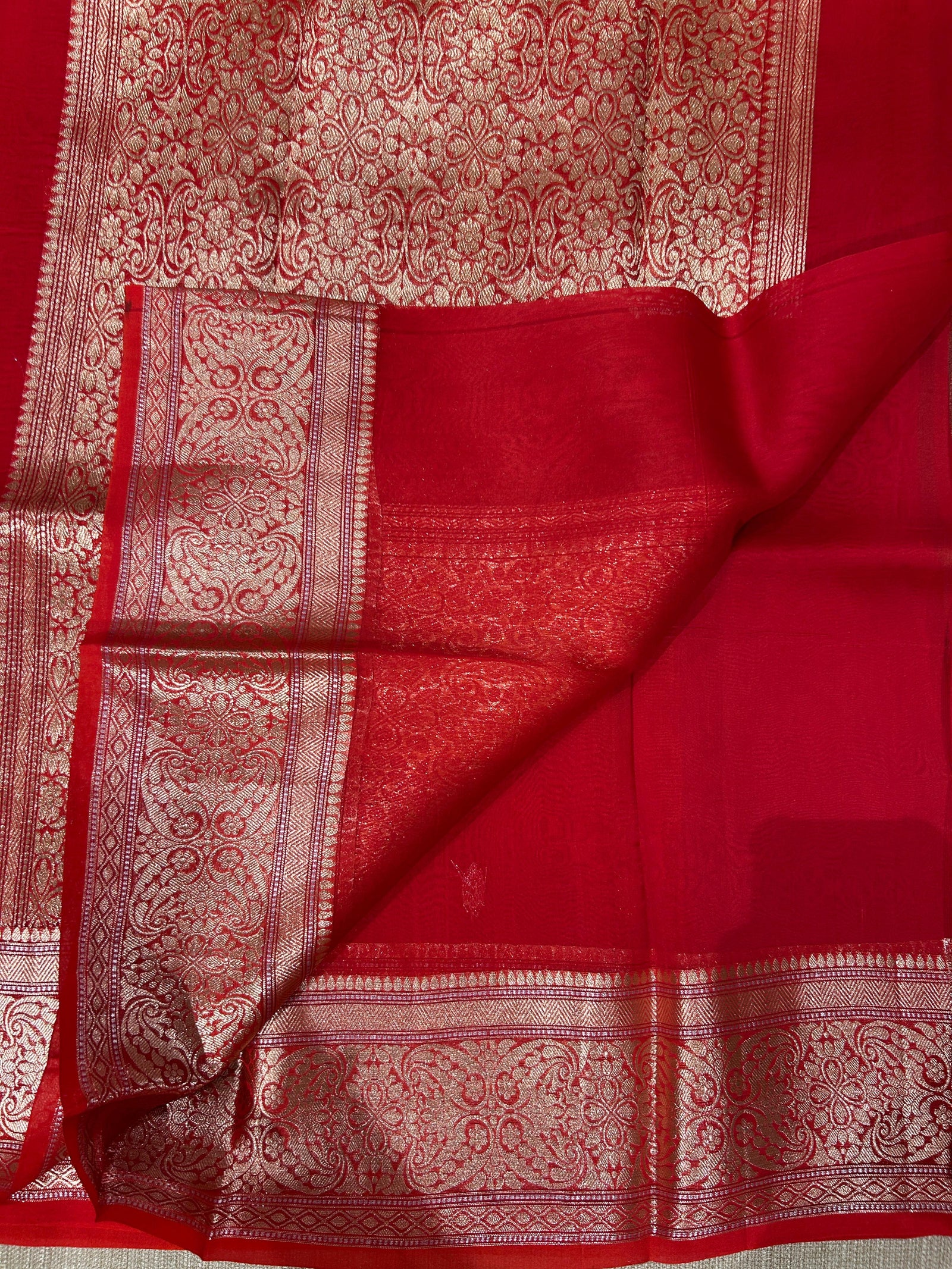 Red monotone Pure Handloom premium Kora Banarasi Saree