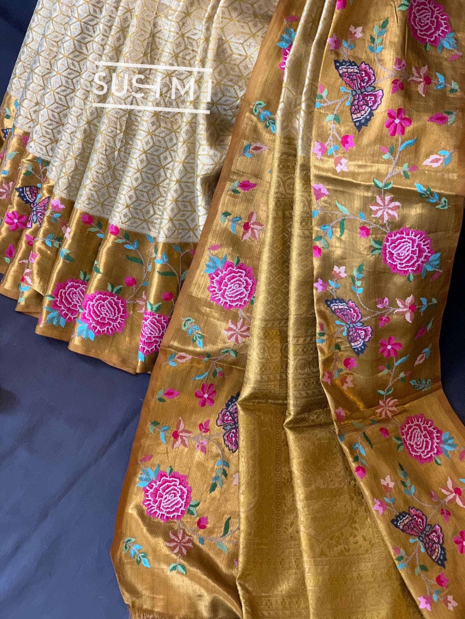 Gold Kanjeevaram Tissue Sareewith petite point embroidery : S62F085