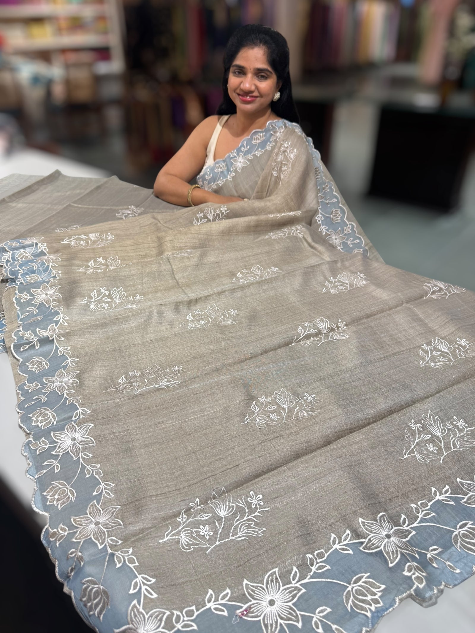 Chickoo Pure Handloom Tussar Saree with embroidery