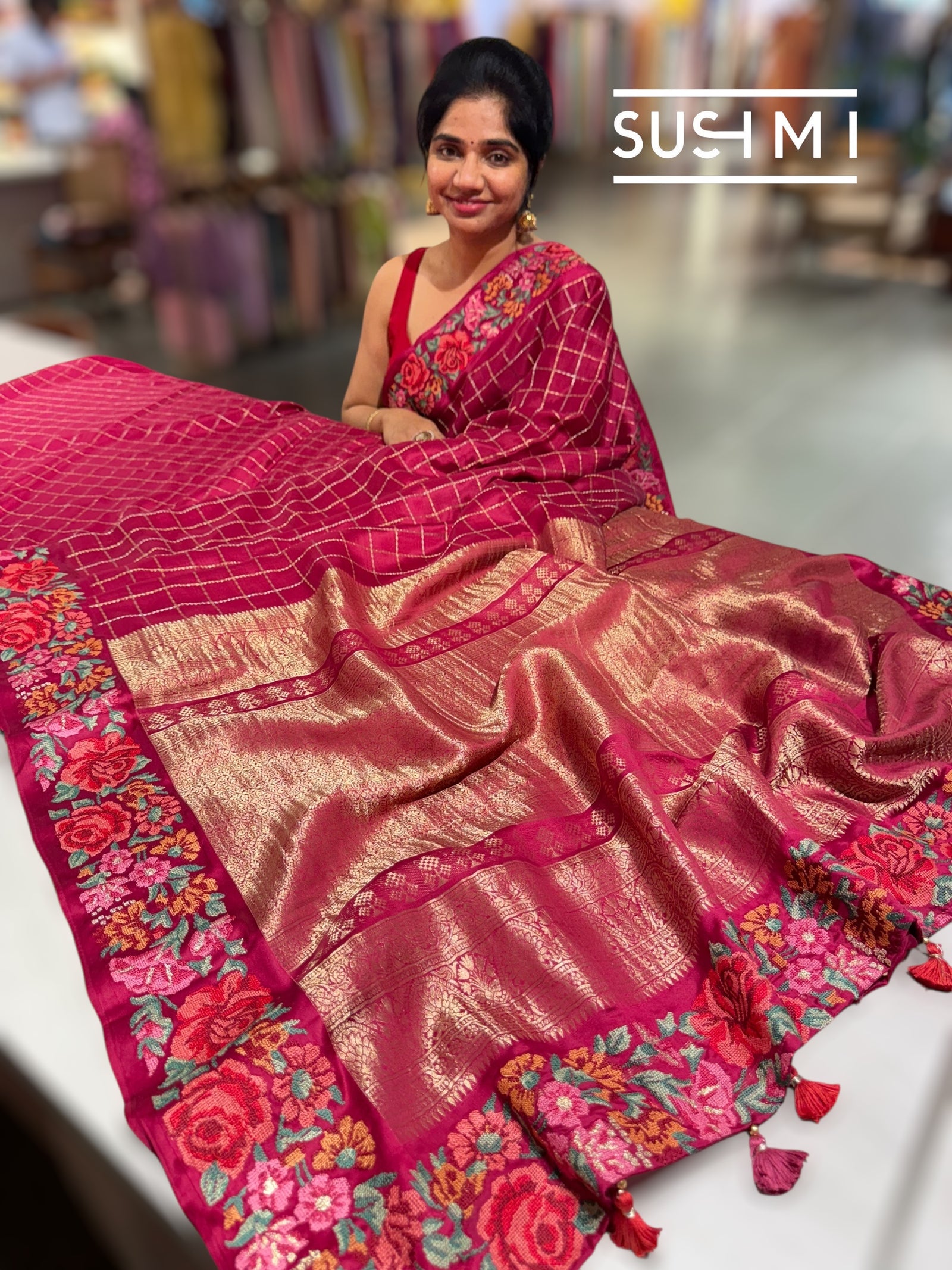 Ruby Pink Mysore Silk Saree with petitepoint embroidery S62110