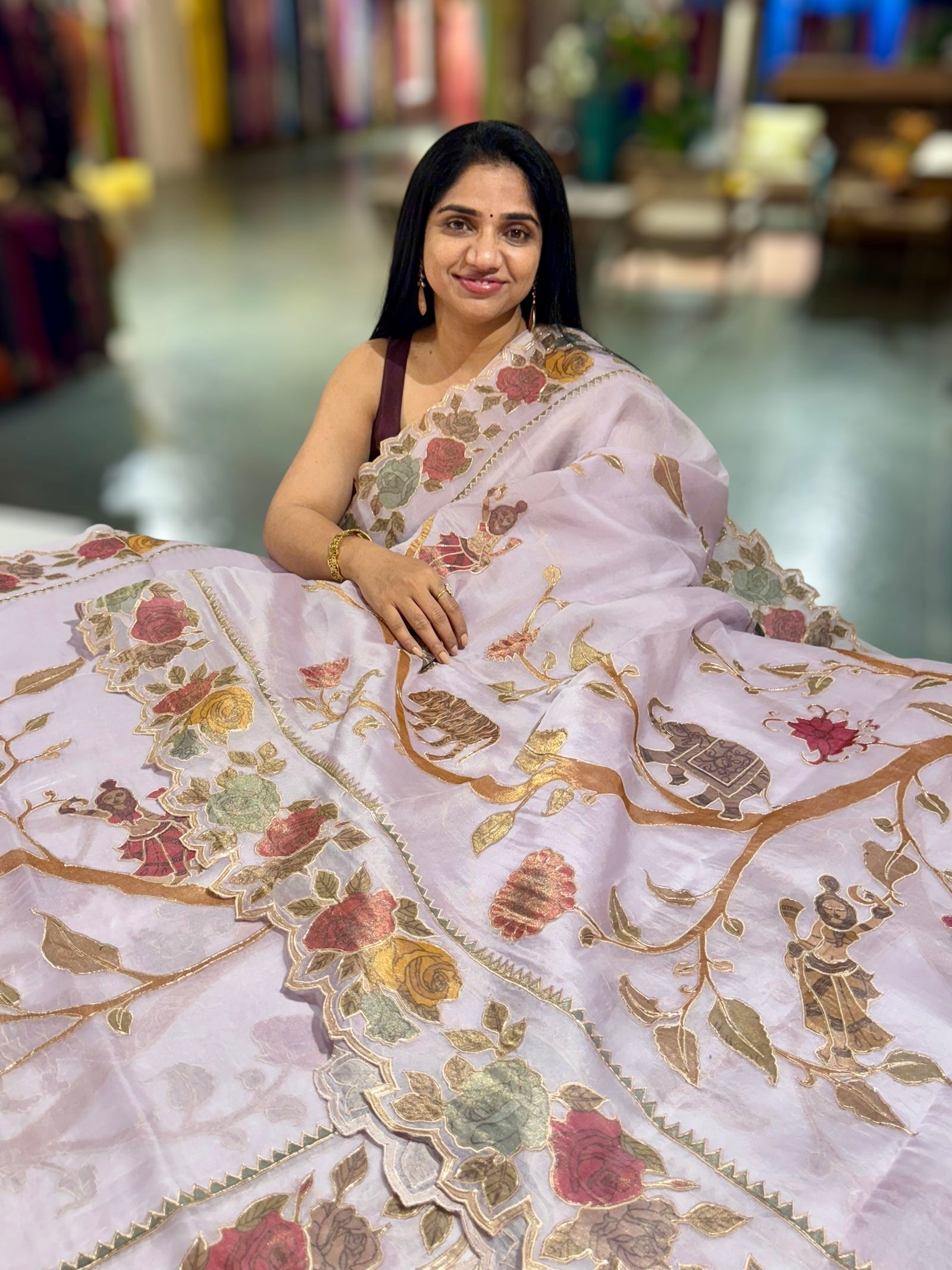 Lilac Pure Organza Applique Work Saree