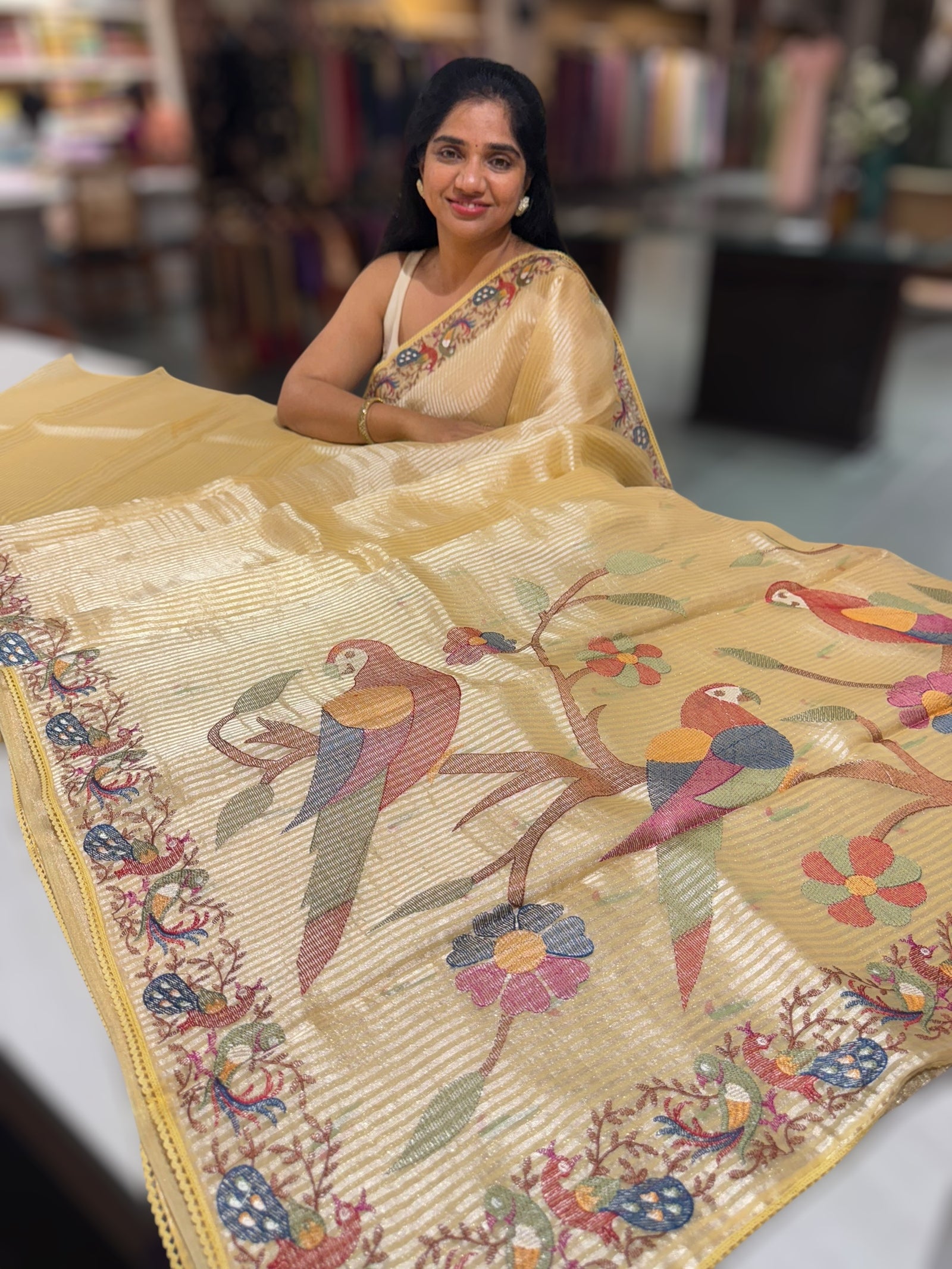 Pastel yellow Banarasi Tissue stripes with embroidery