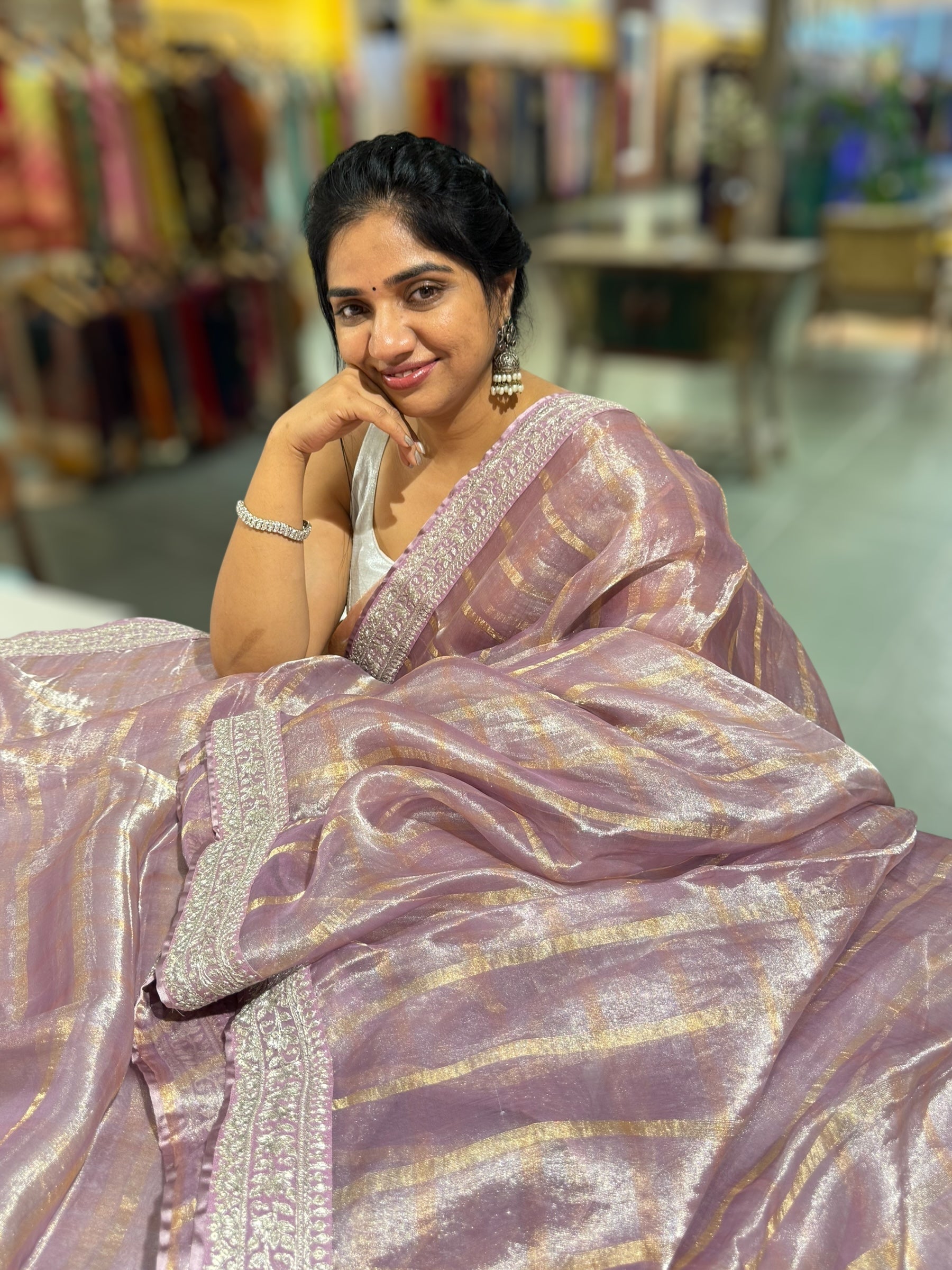 Lilac Banarasi Tissue checks Saree with Sabyasachi Borders