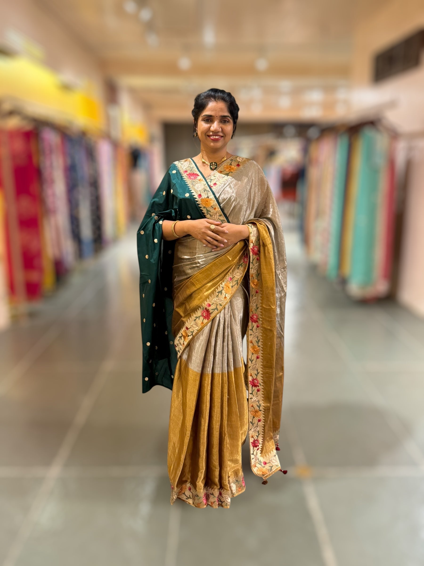 Handloom Tissue Saree with Paithani inspired embroidered border.