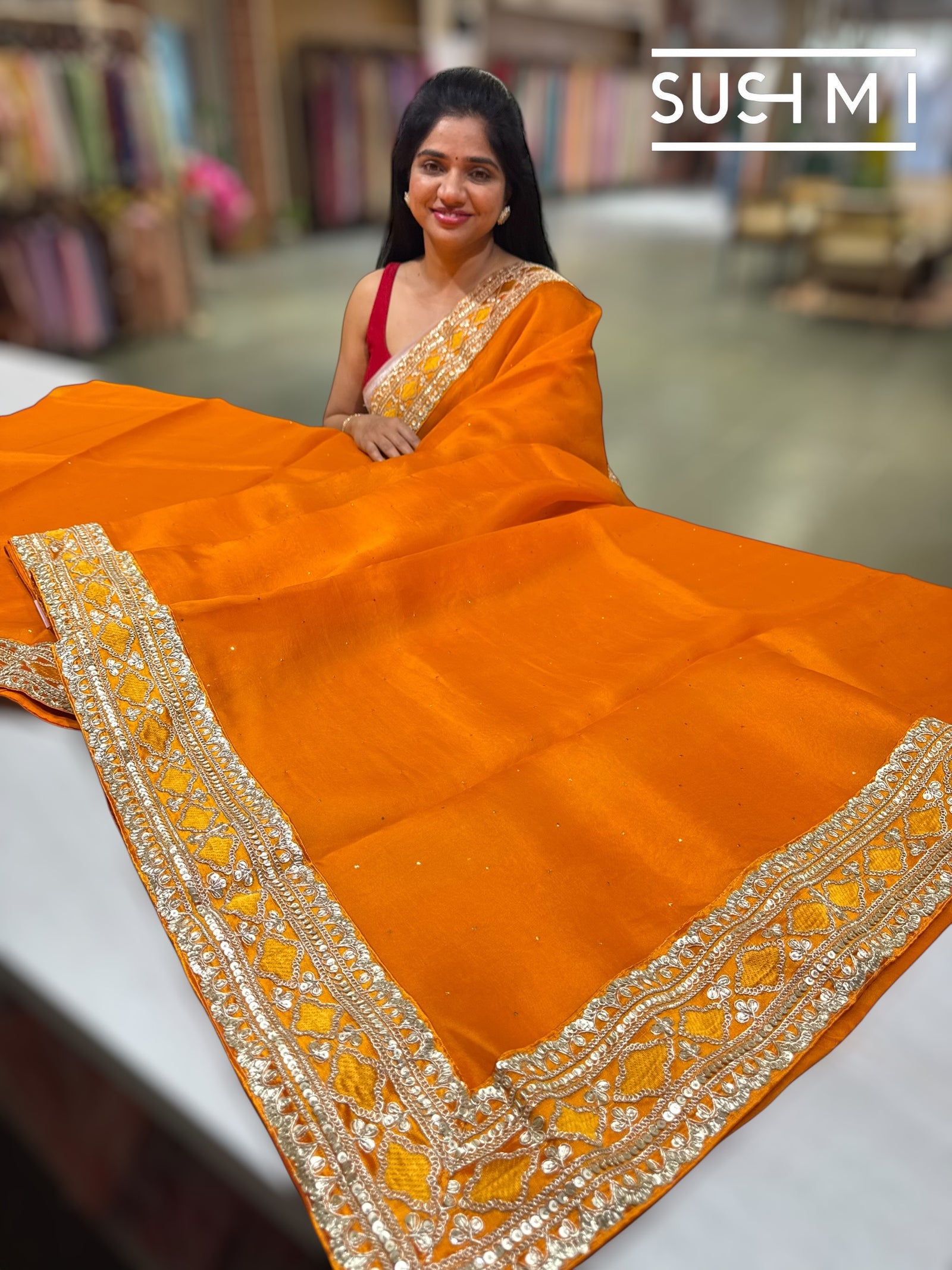 Marygold Orange pure Organza with sabhya borders : S62F146
