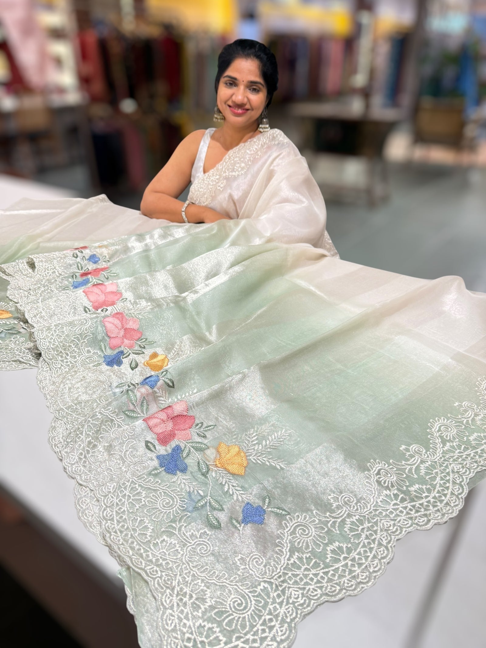 Mint & Silver Ombre dyed Tissue Saree with Cutwork embroidered Borders