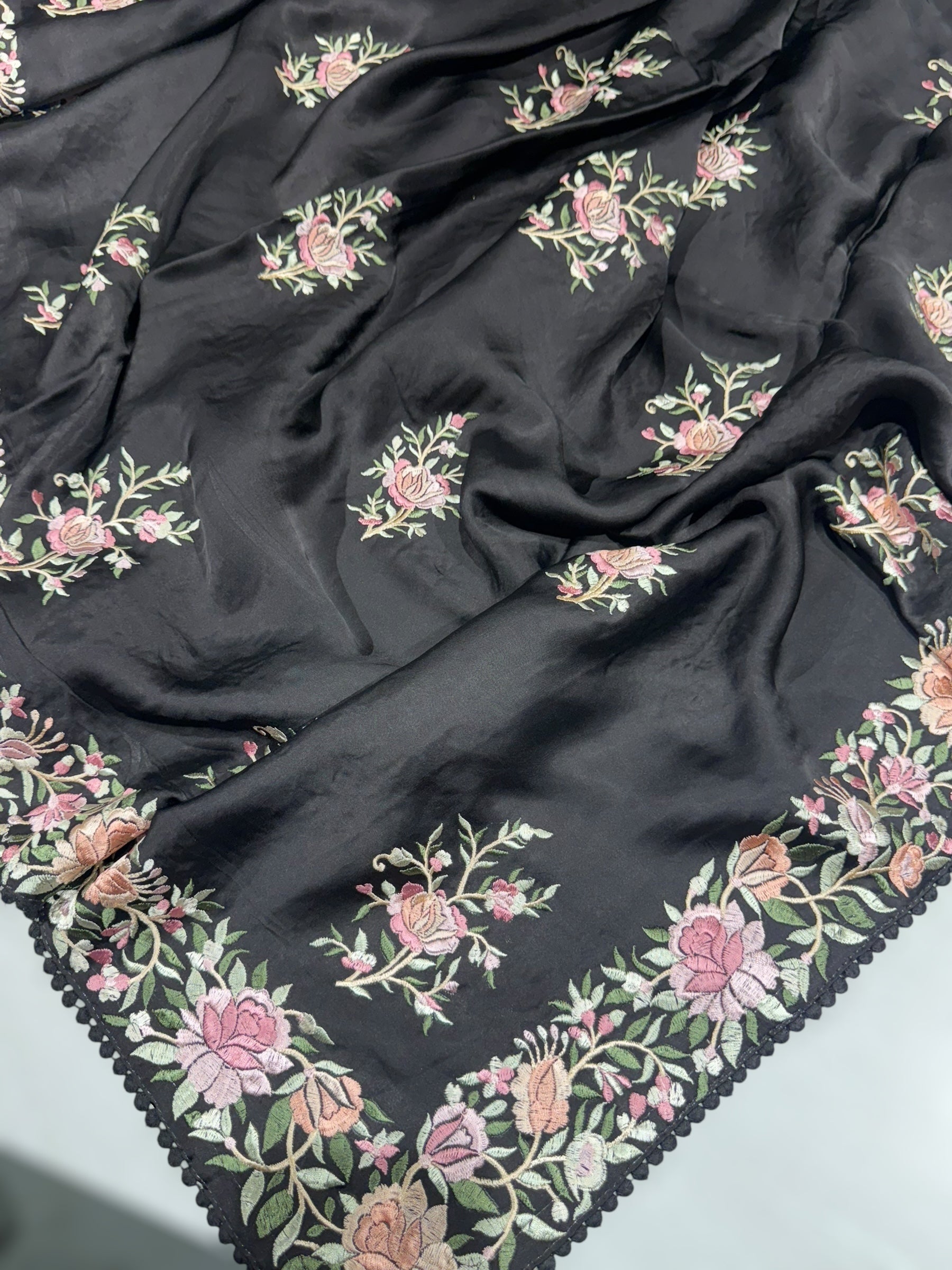Black Satin Saree with Parsi Gara embroidery