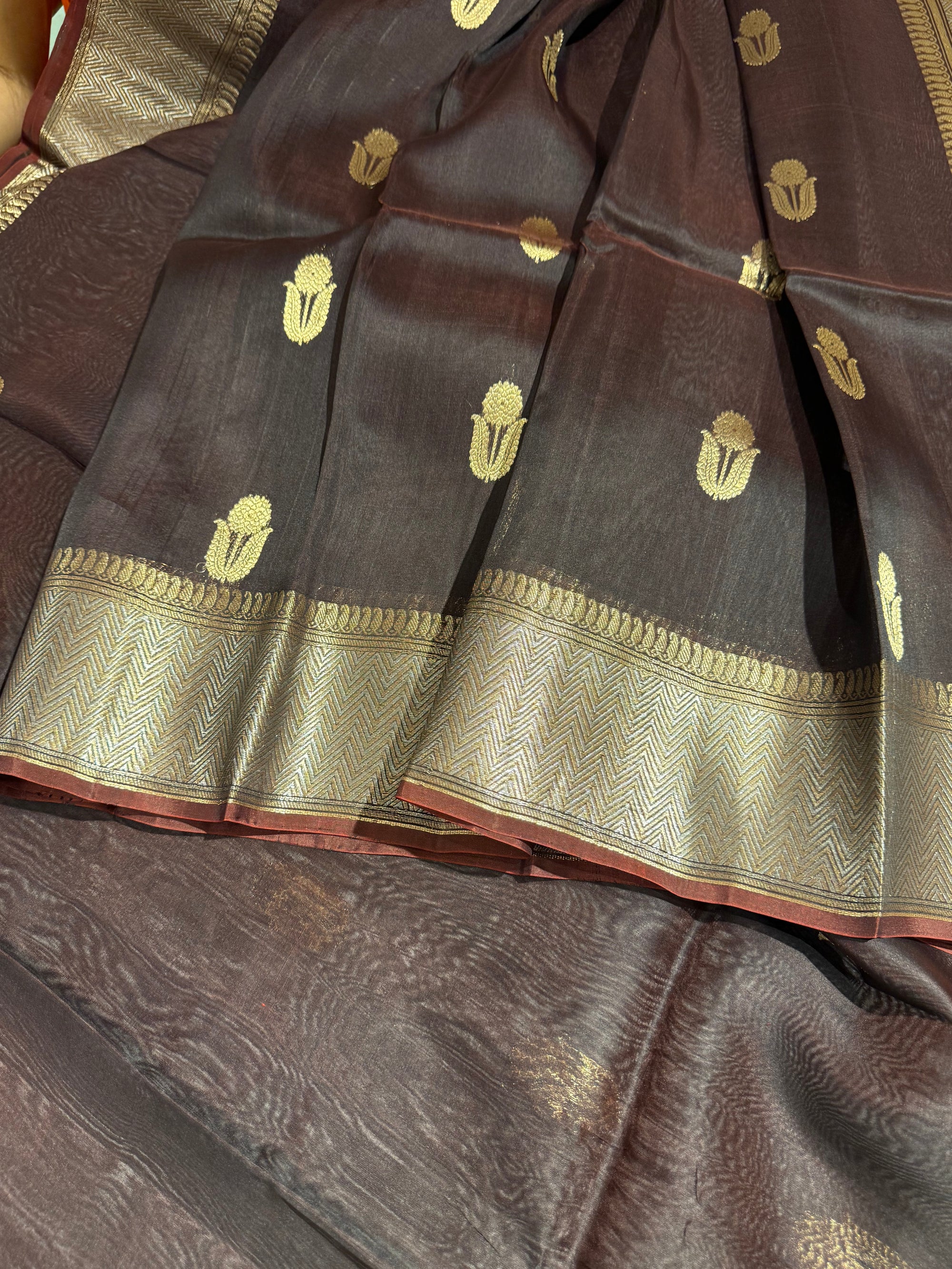 Dark Choclate Premium Kora Banarasi Saree with heavy weaving borders and Raw mango style motifs