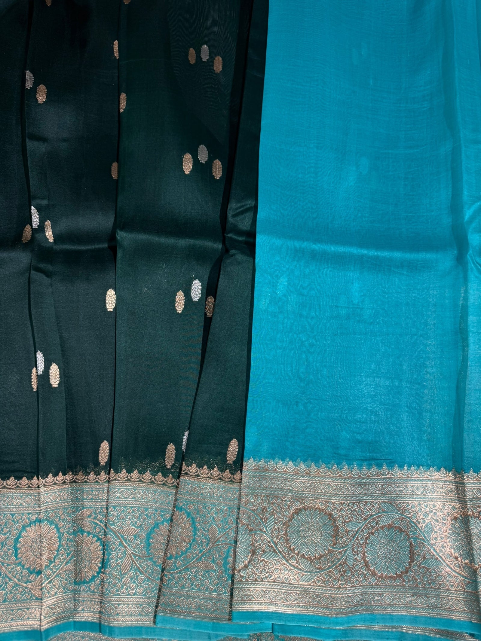 Forest Green & Teal Pure Handloom premium Kora Banarasi Saree