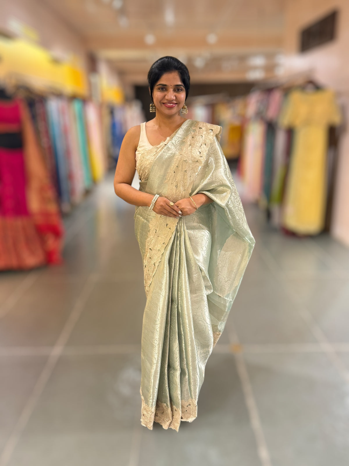 Mint Tissue Brocade weaving Saree with Tissue Cutwork Rose Border