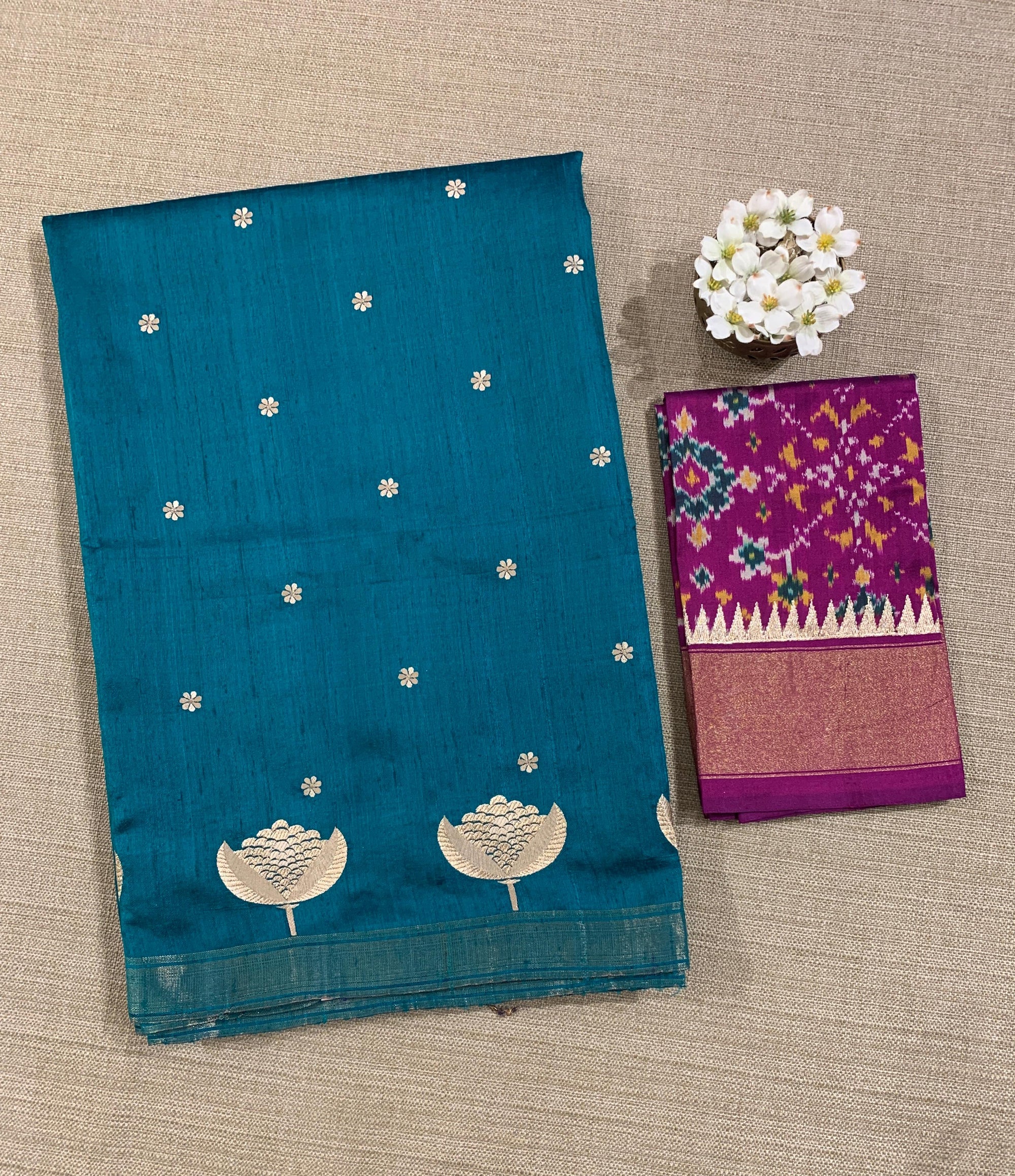 Peacock Blue Pure Handloom Raw Silk Saree