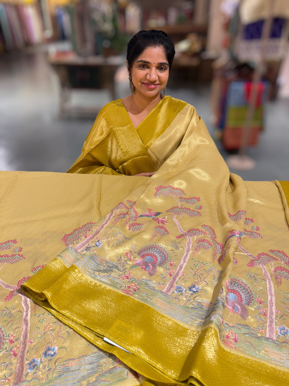 Yellow Banarasi Tonchoi Brocade Saree with Parsi Gara style embroidery
