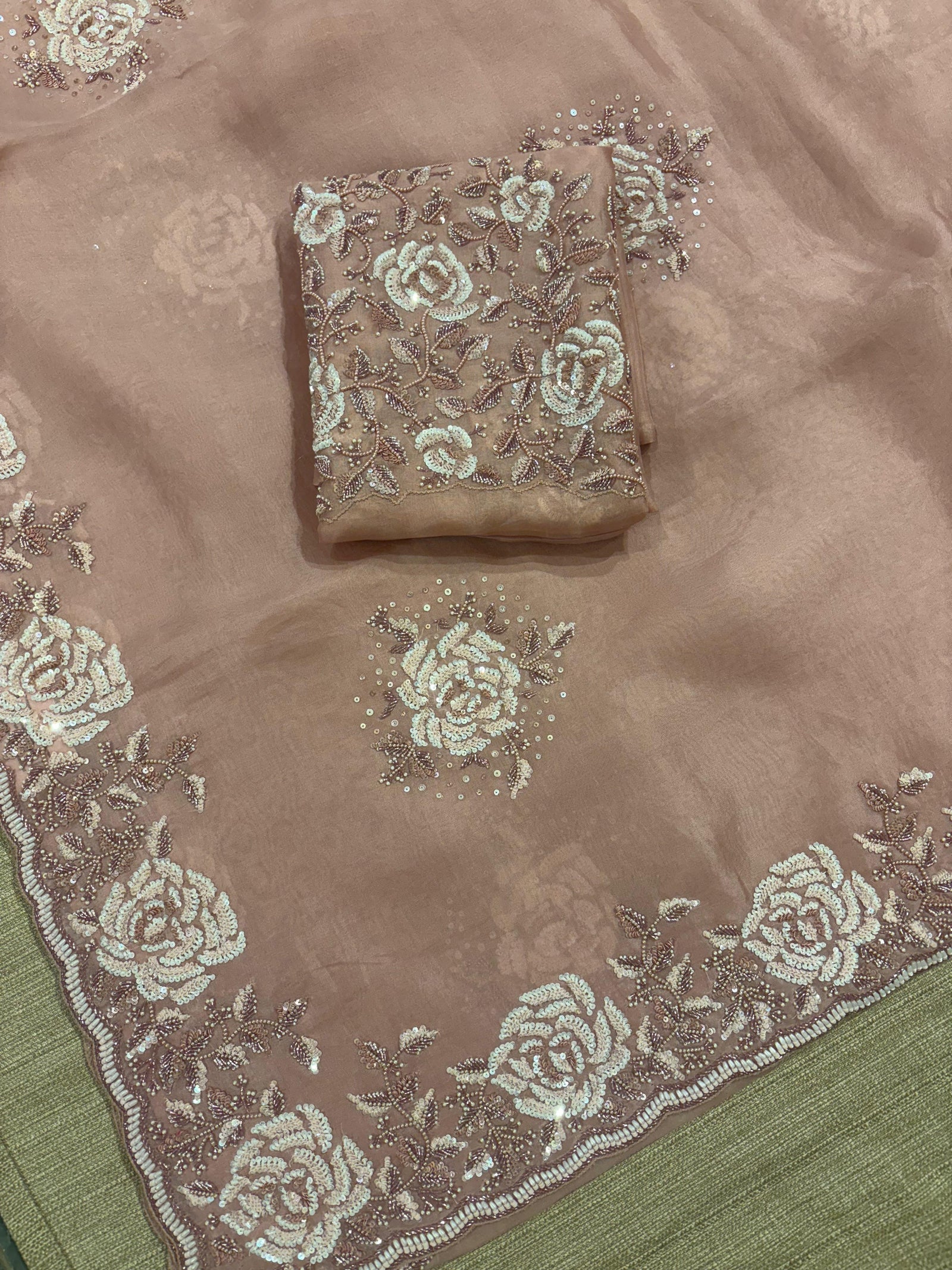 Nude Pink Organza with Rose handwork