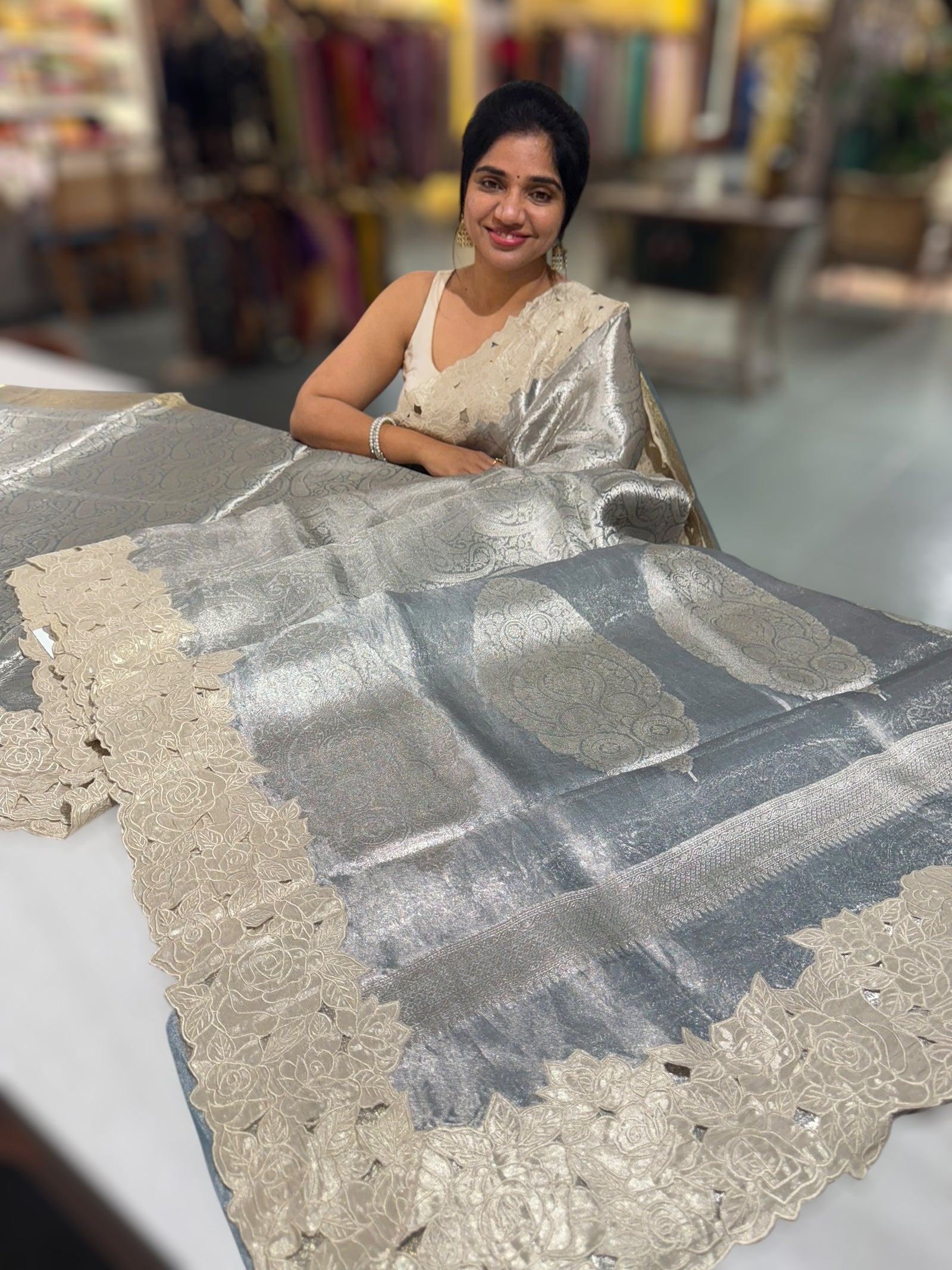 Bluish Grey Tissue Brocade allover weaving Saree with Tissue Cutwork Rose Border