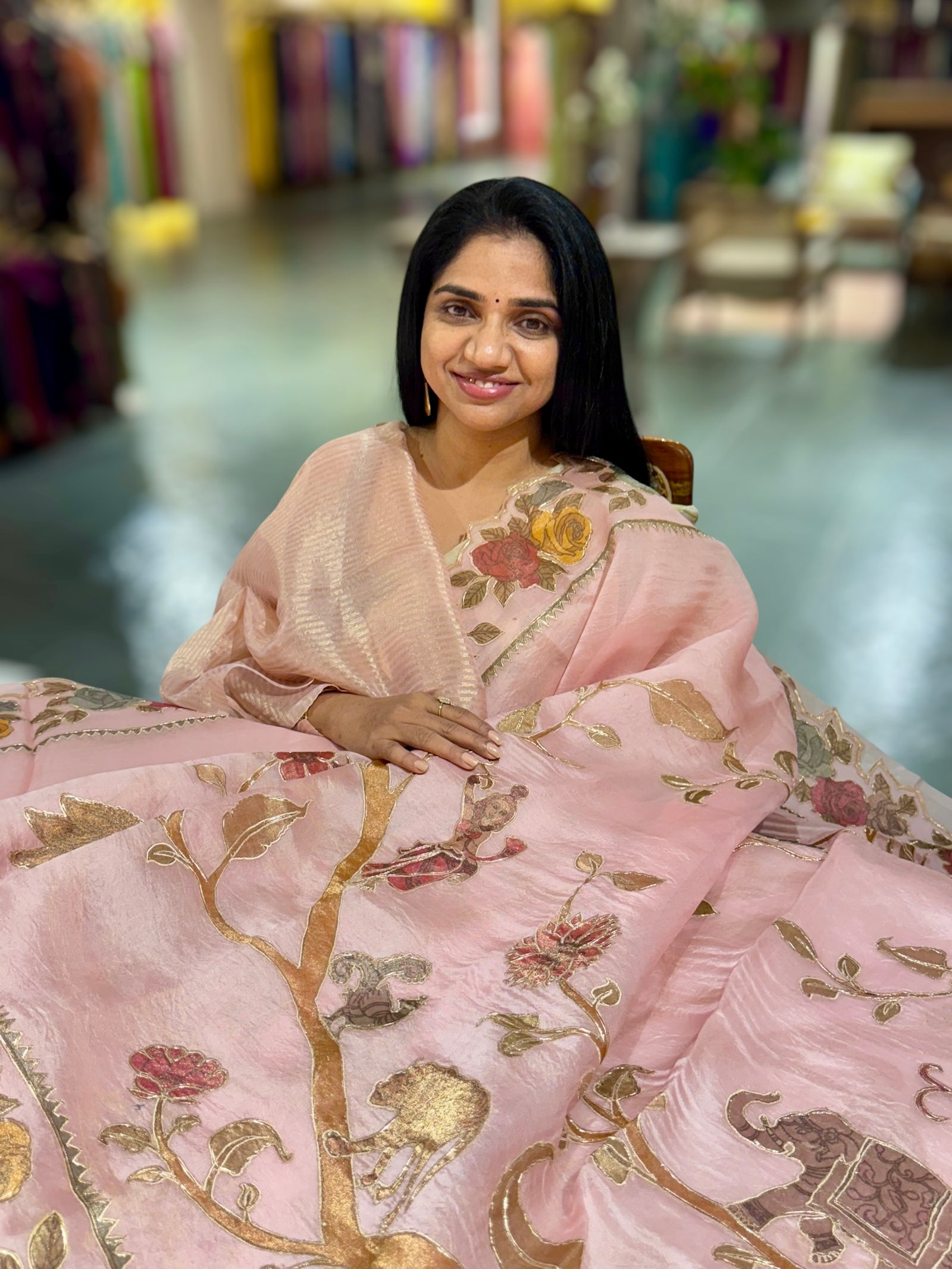 Blush Pink Pure Organza Applique Work Saree