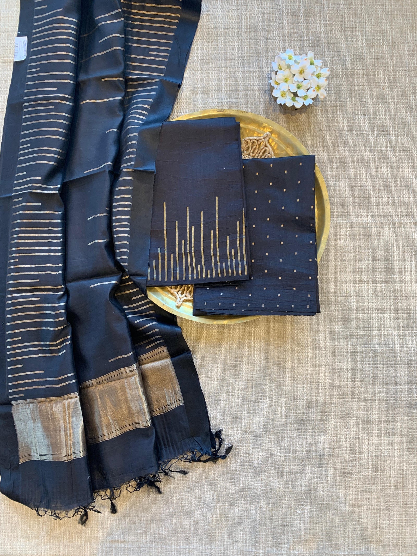 Black Banarasi Handloom Chiniya Silk 3-pc Suit Set