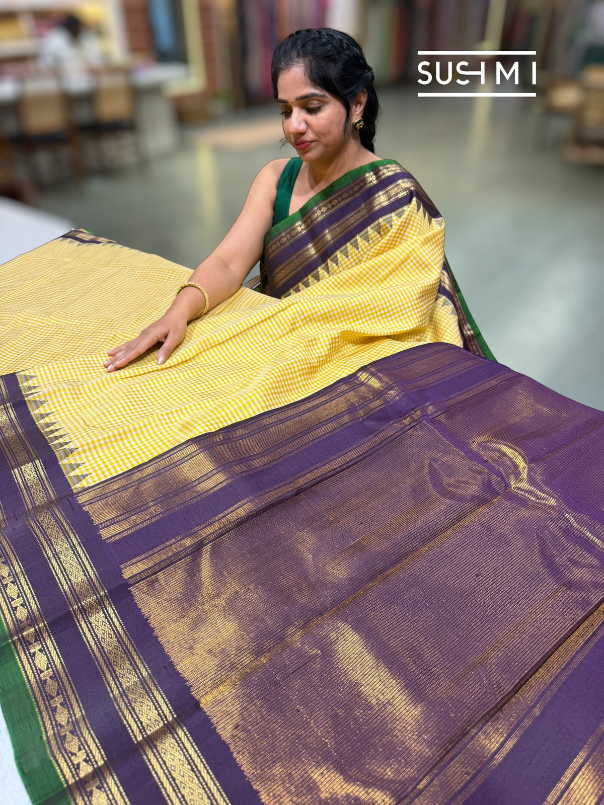 Ivory & lemon yellow vintage checks jute Gadwal Silk Saree : S62F217