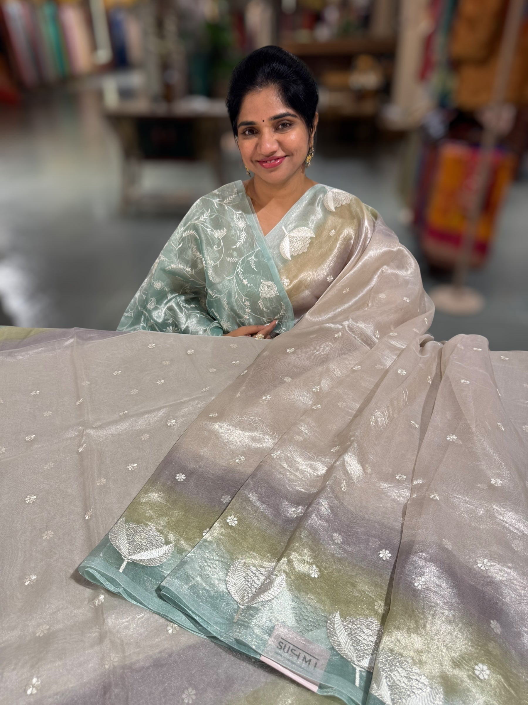 Silver Tissue Saree with ombre dyed Embroidered Border