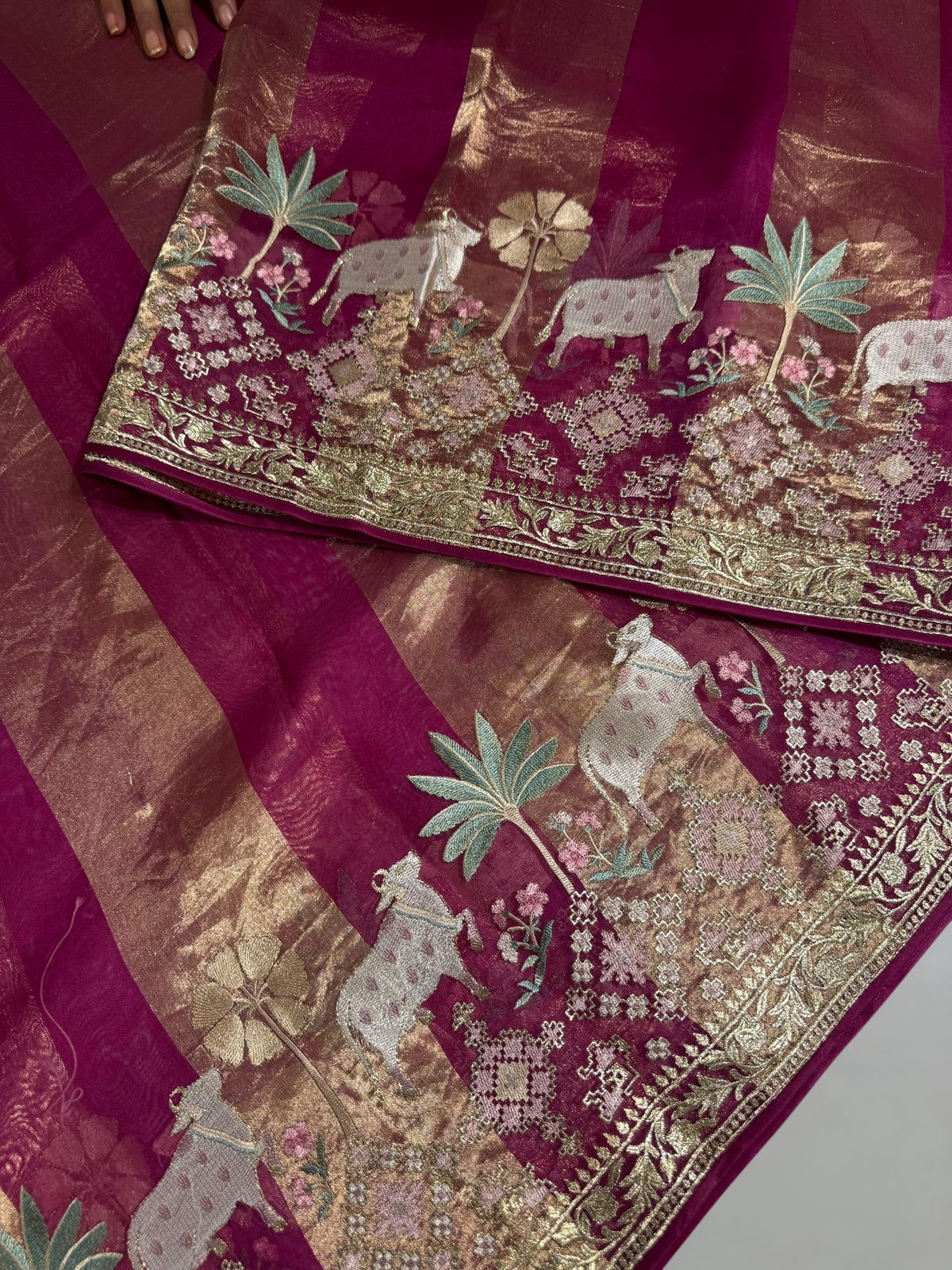 Ruby Pink Kora Tissue Stripes Saree With Jamdani  & Pichwai embroidered Border