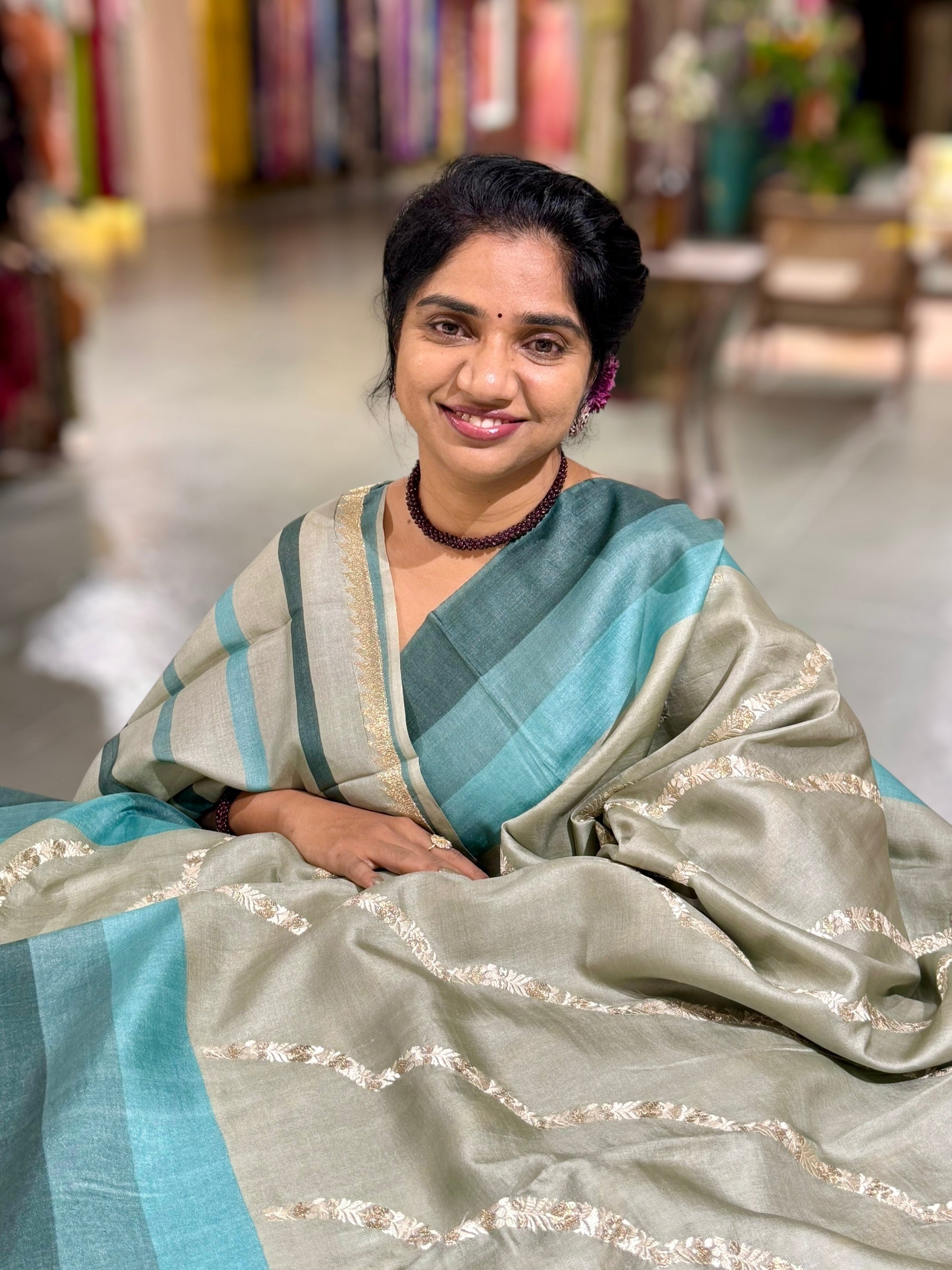 Sage Green  Embroidered Tussar Saree