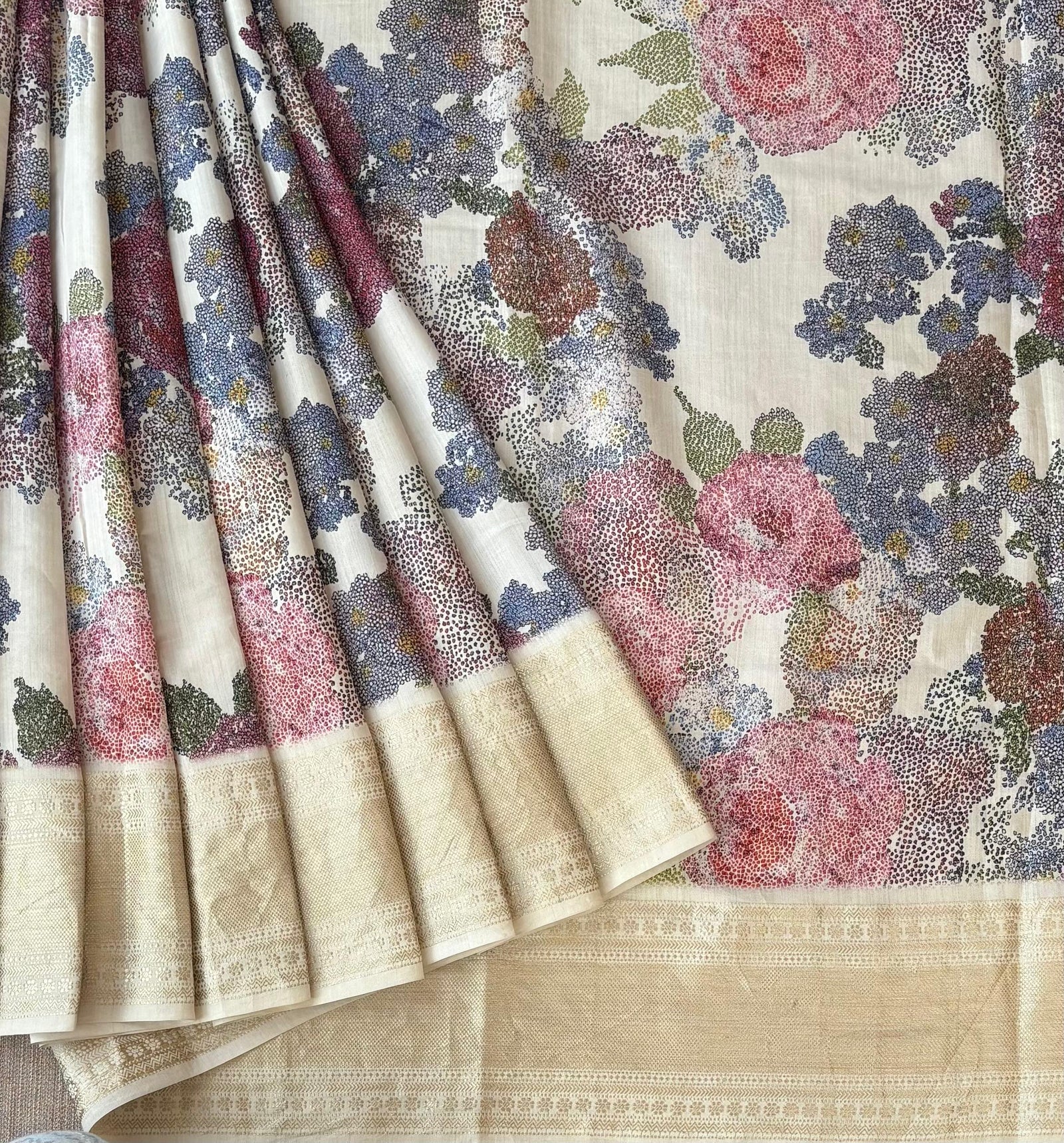 Ivory Pure Handloom Chiniya Silk Saree with stunning 3D Floral Print and zari borders