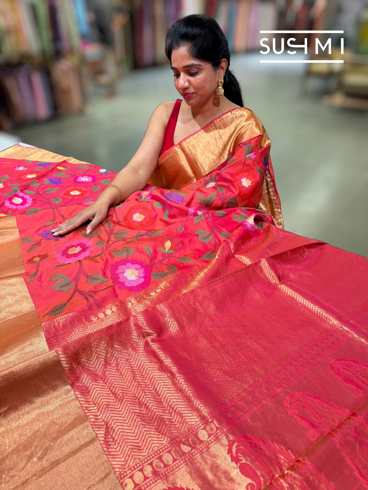 Orangish Pink Kanchi Soft Silk Saree with embroidery : S62F179