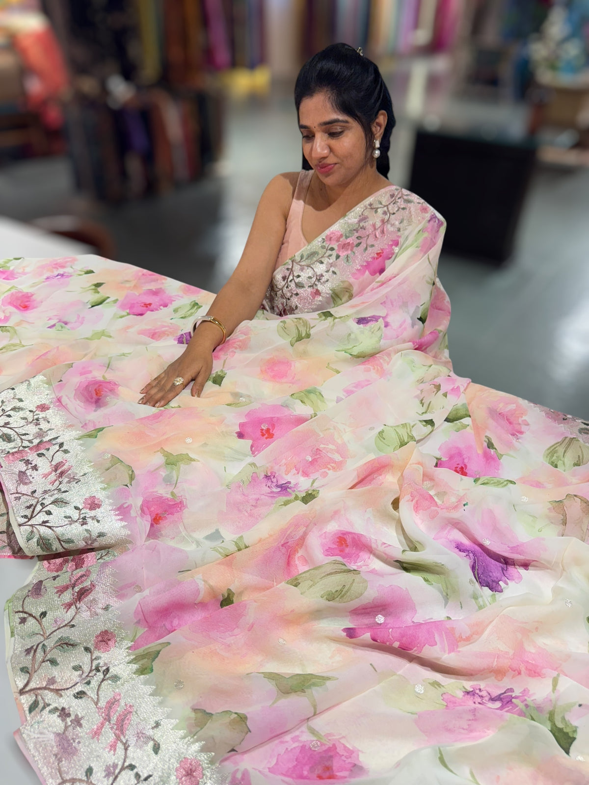 Ivory  Printed georgette Saree With Tissue Embroidered Border