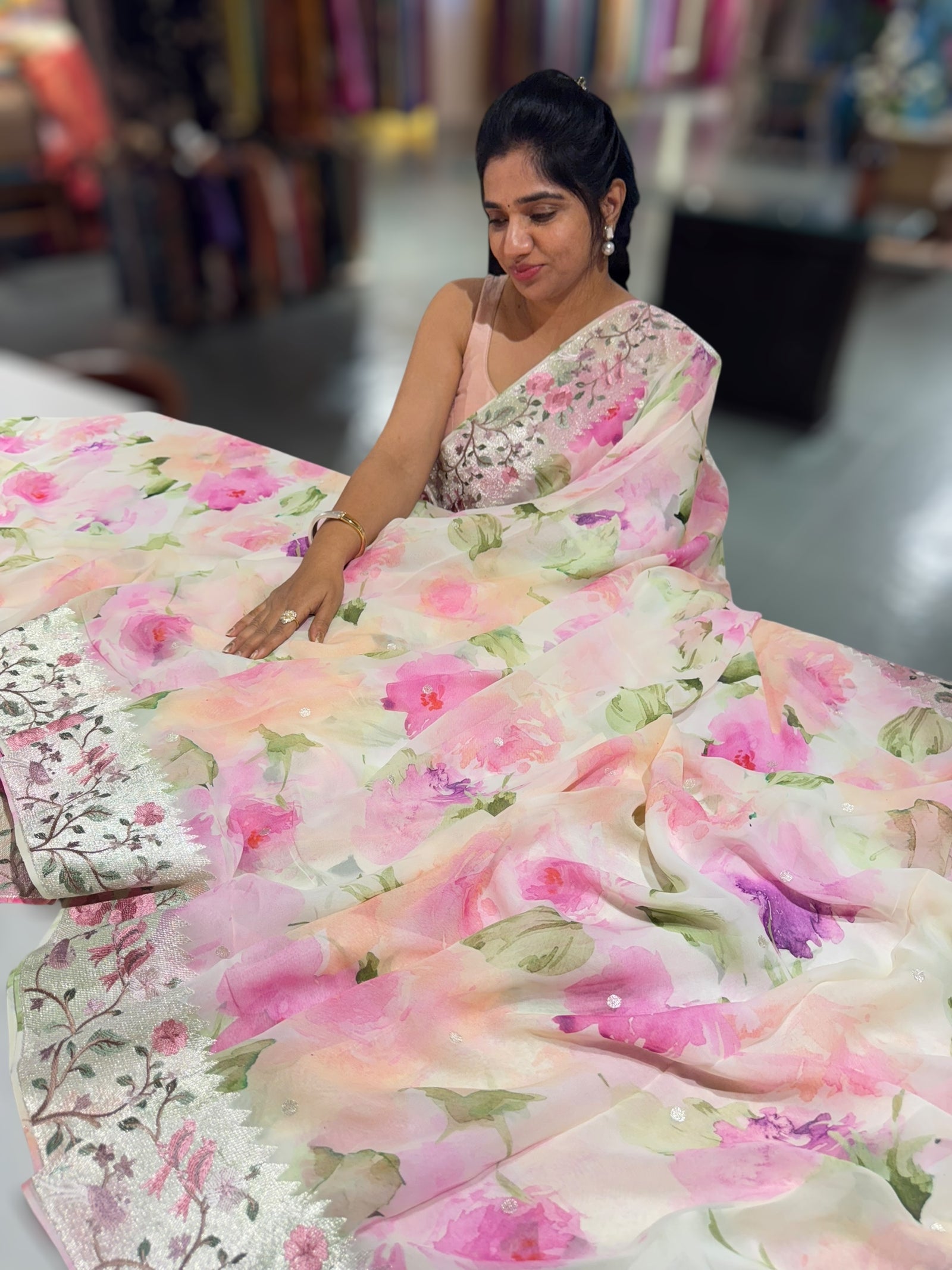 Ivory  Printed georgette Saree With Tissue Embroidered Border