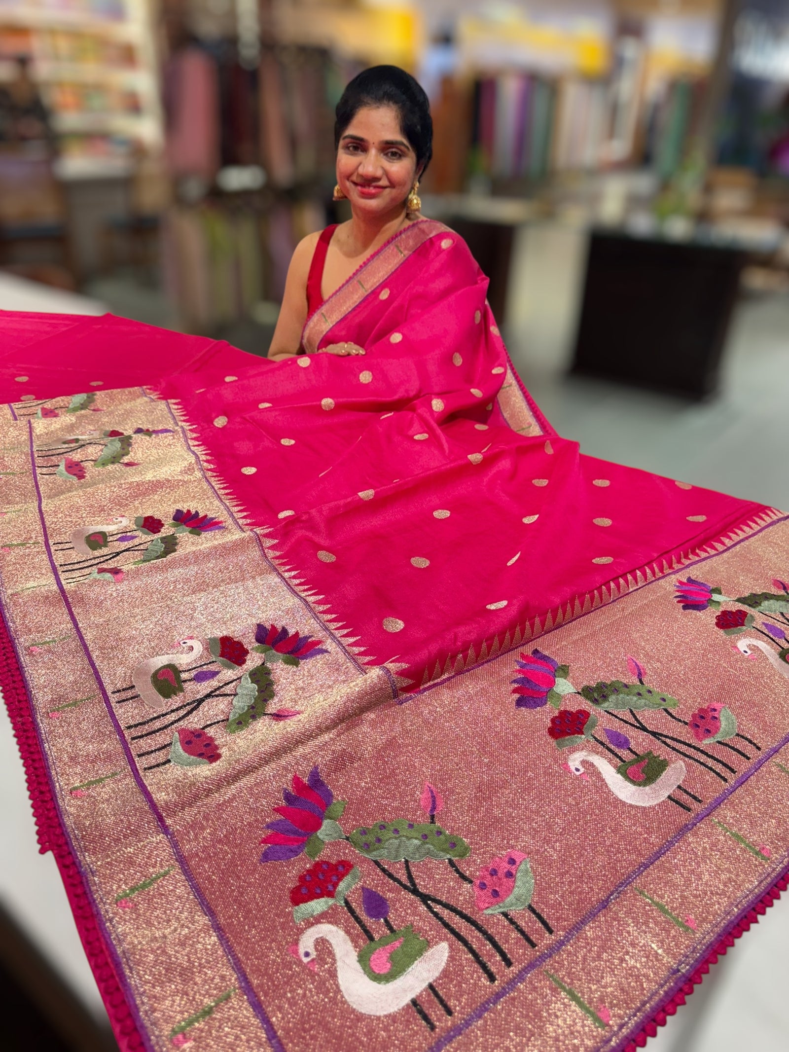 Dark Pink Tussar with embroidery