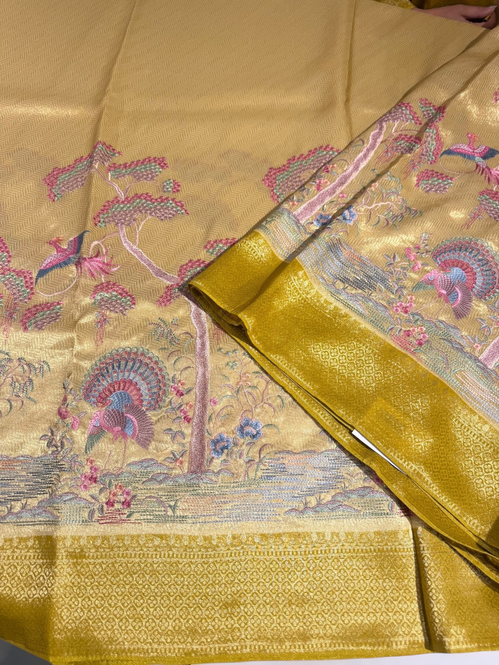 Yellow Banarasi Tonchoi Brocade Saree with Parsi Gara style embroidery