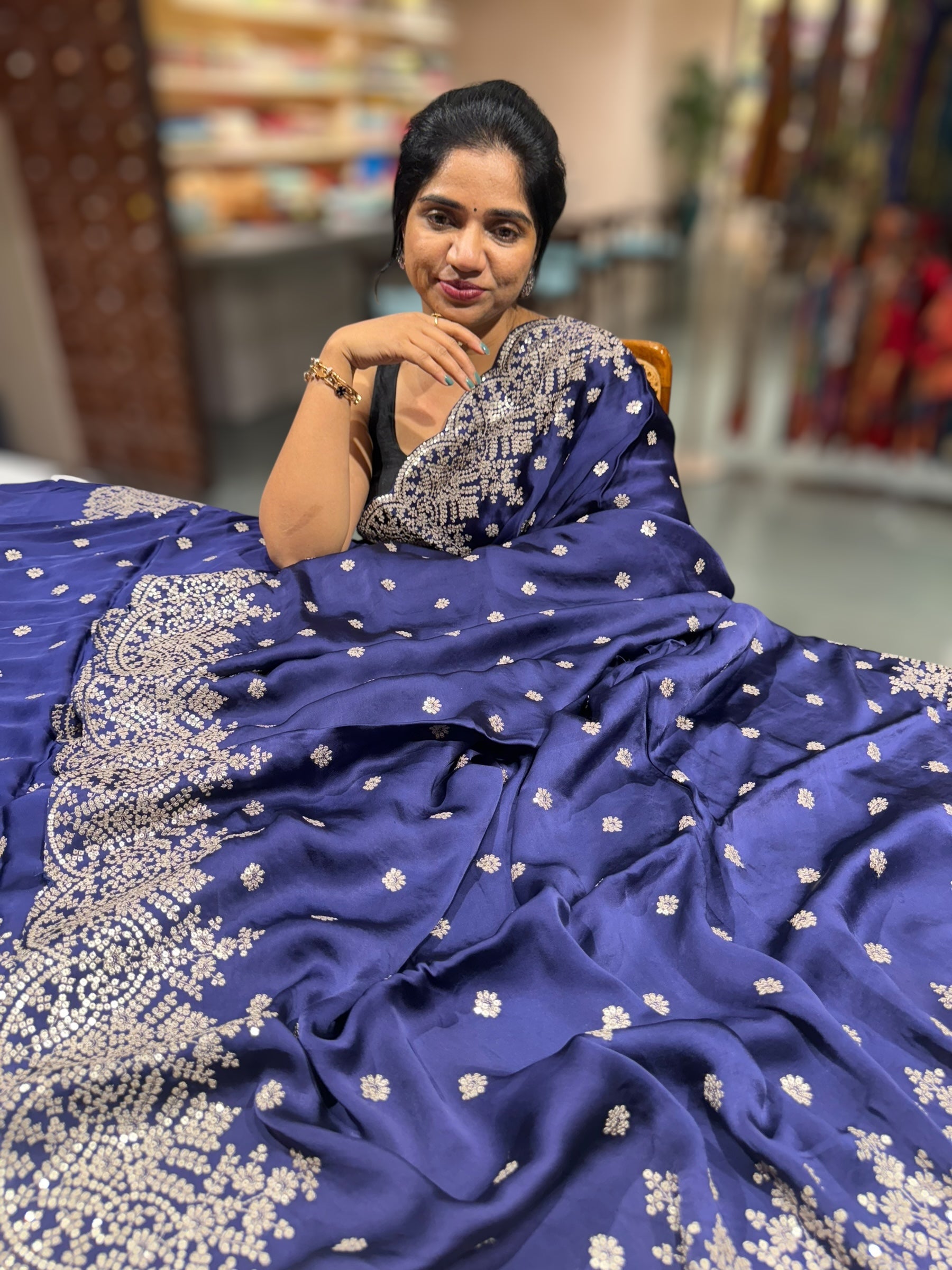 Purplish Blue Satin Saree with heavy sequnce embroidered scallop Border