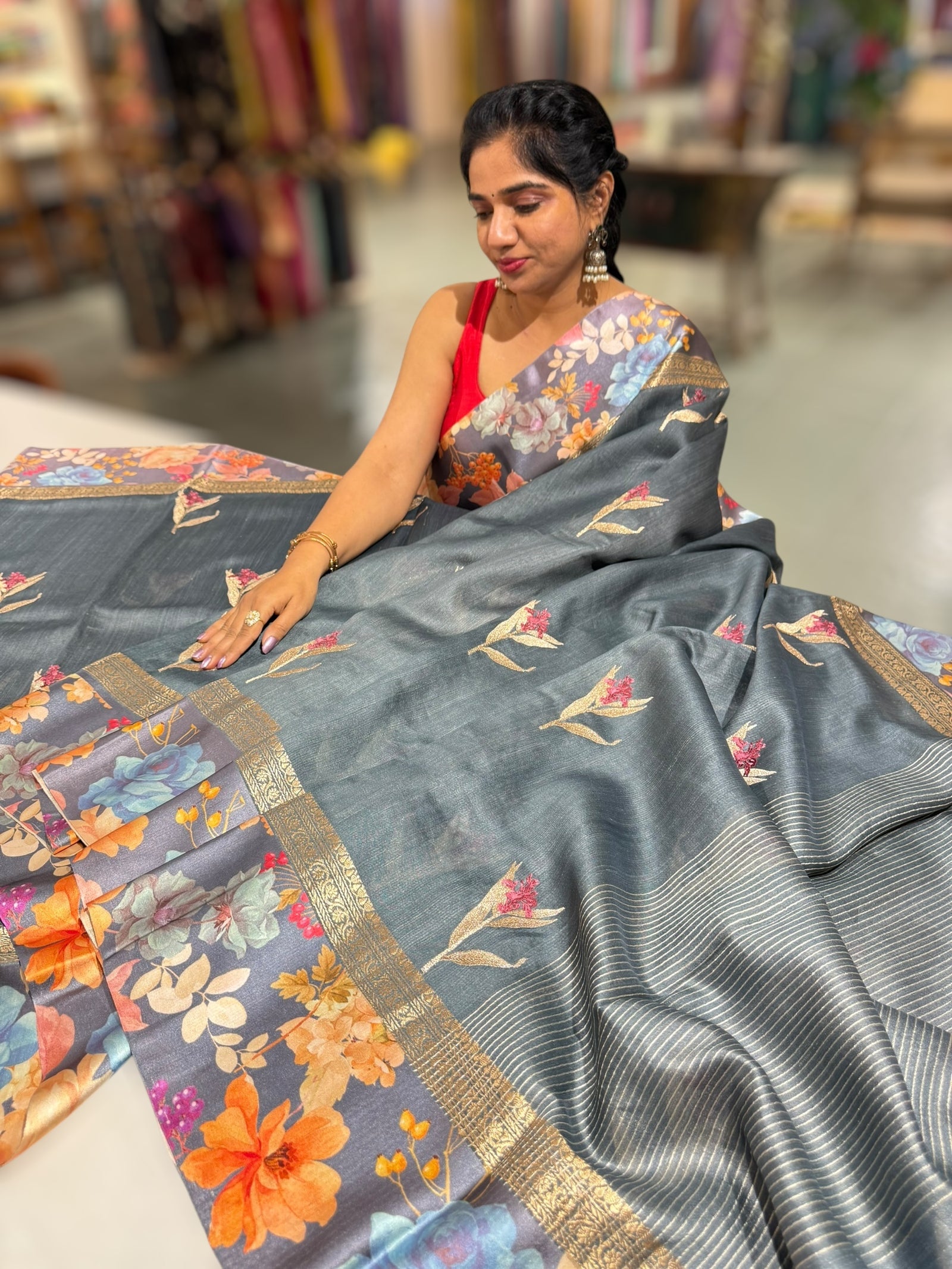 Elephant Grey Tussar Dhupion Saree with Floral printed mashru borders