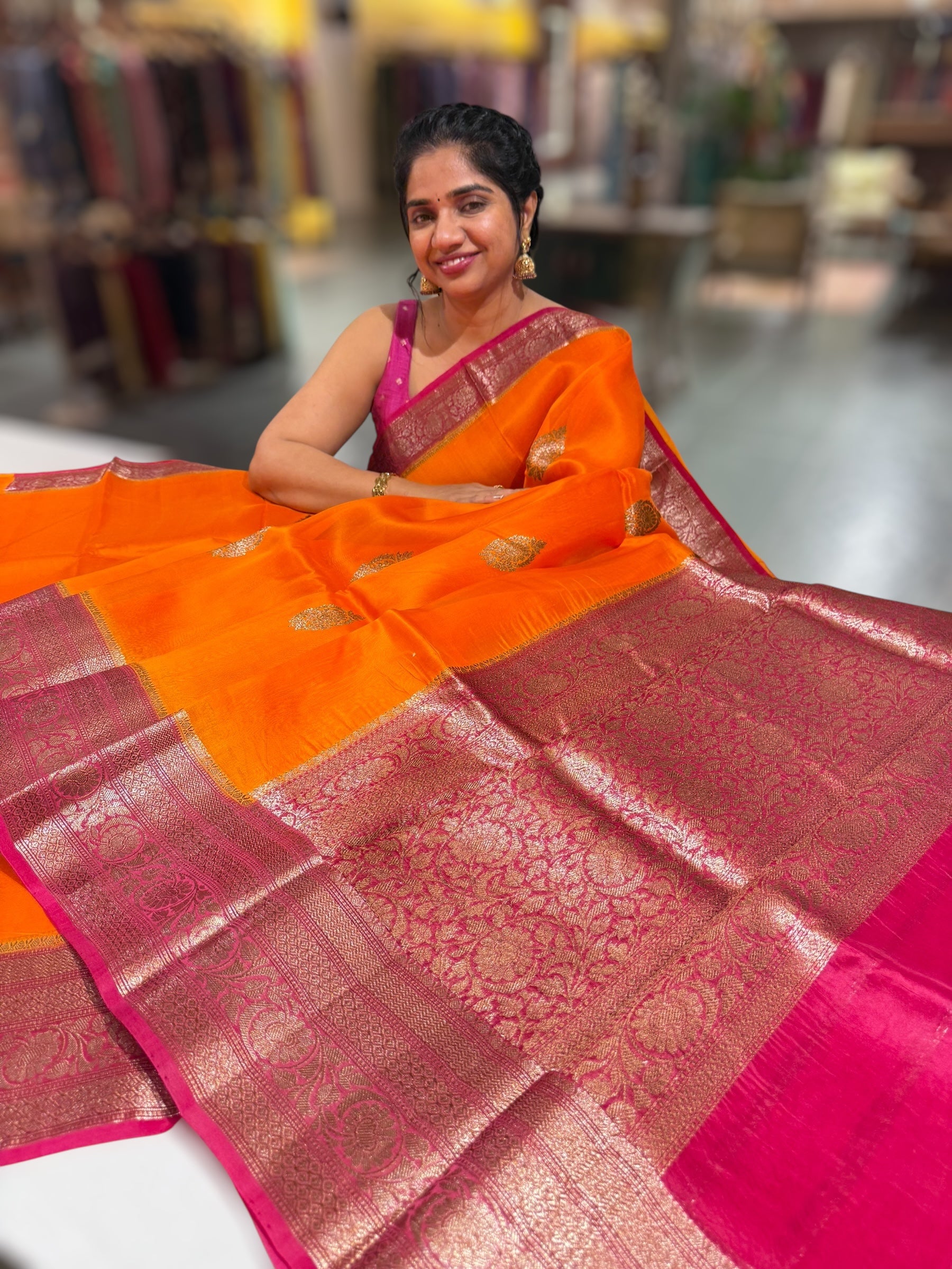 Orange & Ruby Pink Pure Handloom Kora Banarasi Saree