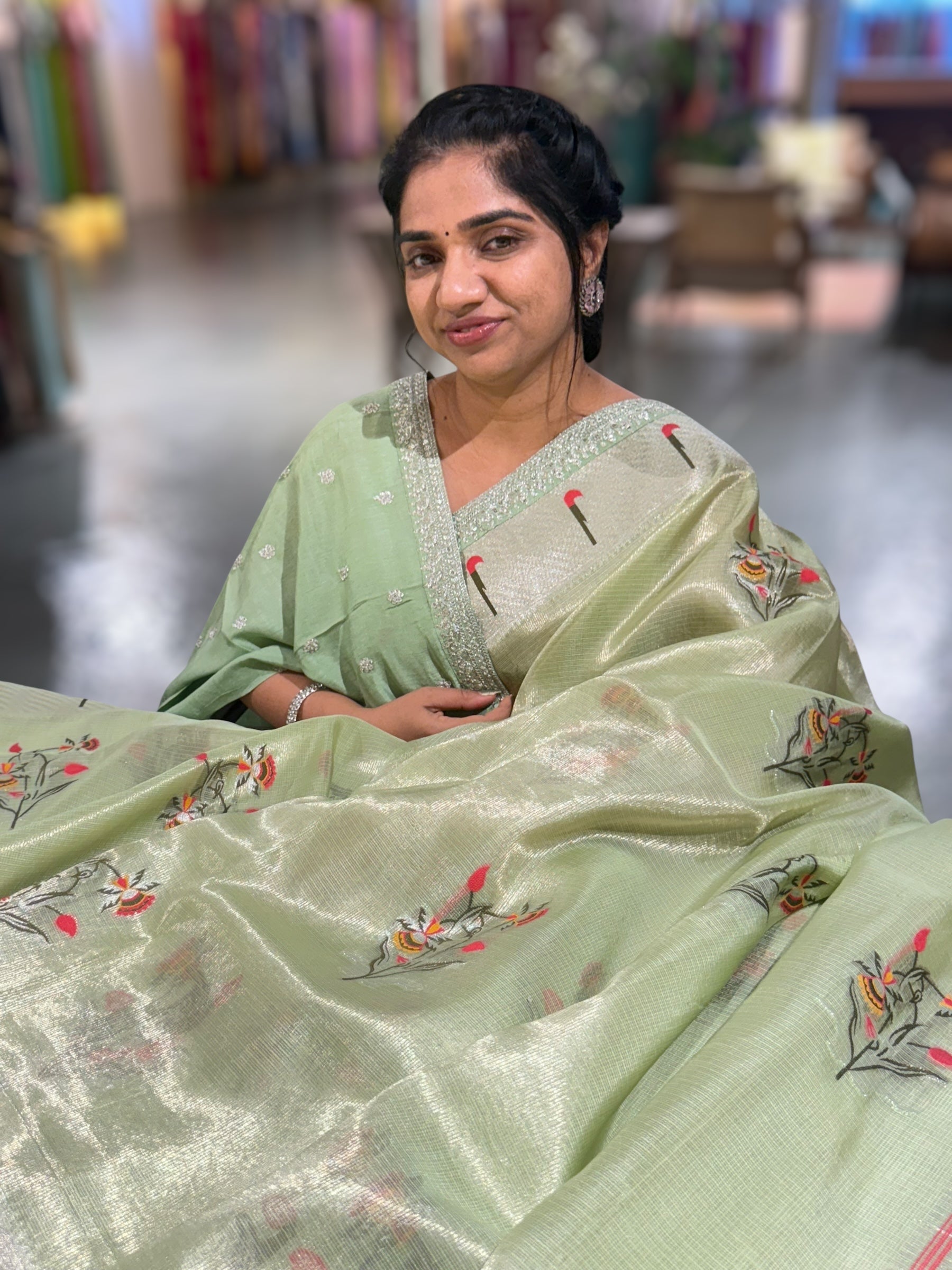 Sea Green Tissue Kota Saree With sabhyasachi Borders and Blouses