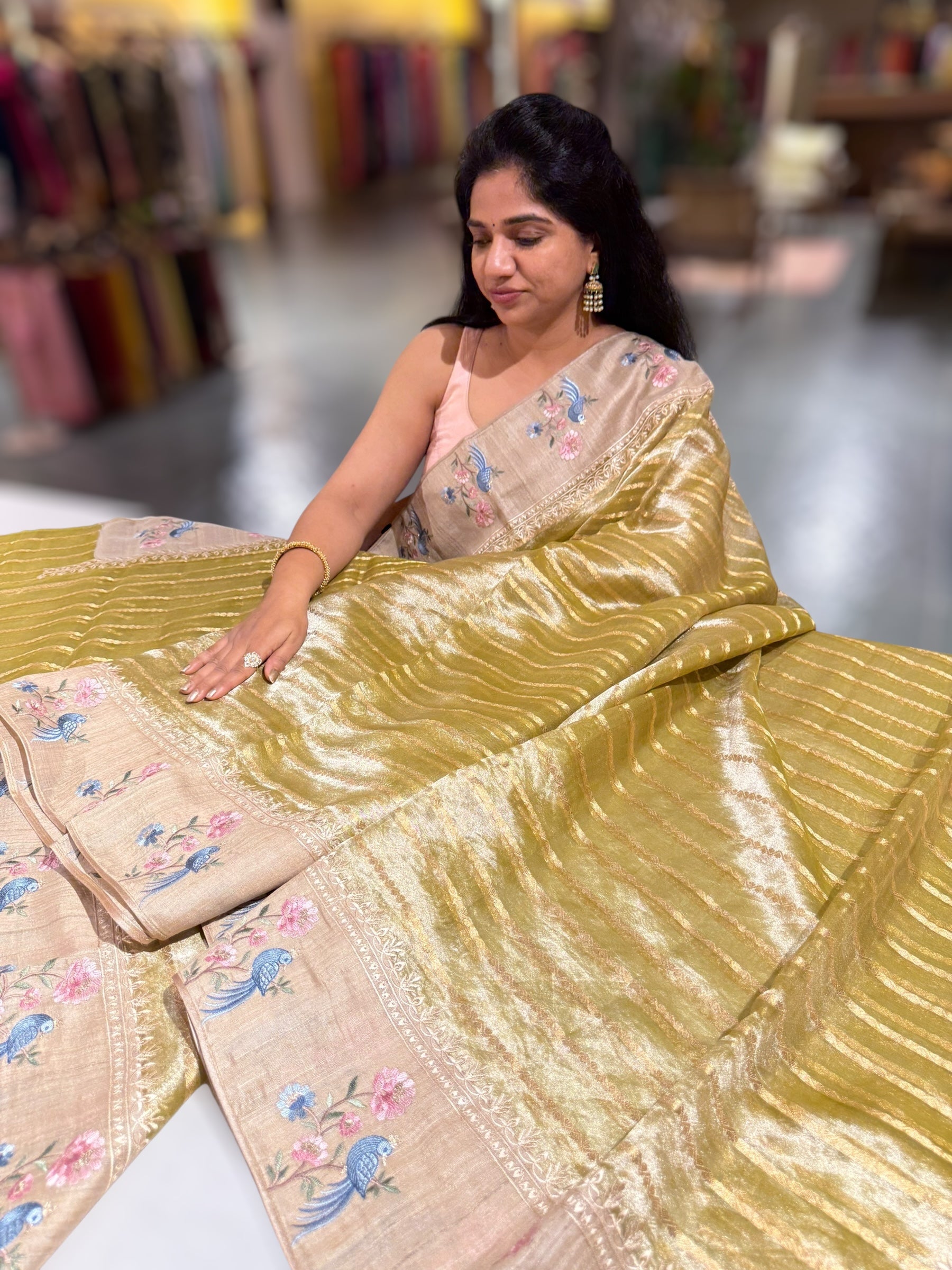 Lime Green Pure Handloom Tissue Saree with pure Tussar embroidered border