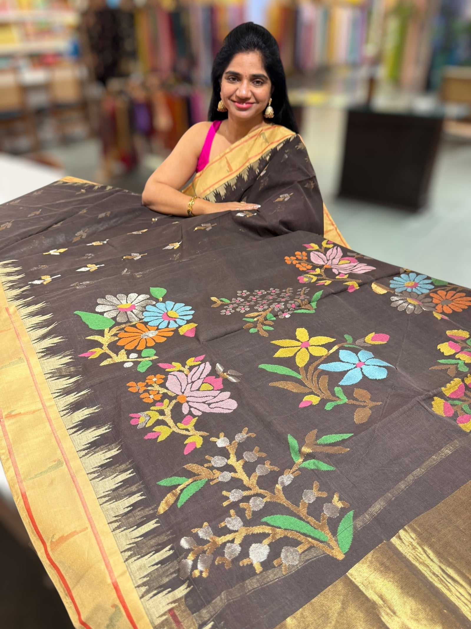Darkest Brown  Pure  handloom Ponduru Khadi jamdani Saree with heavy pallu