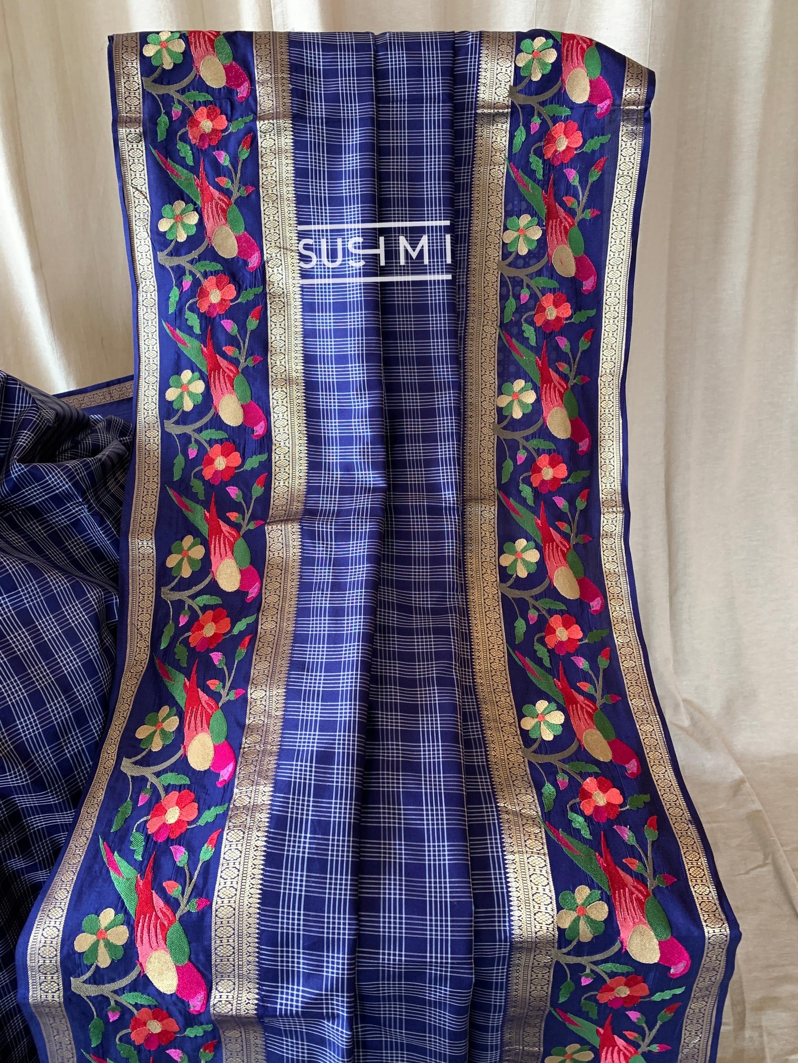 Midnight Blue Vintage checks Kanjeevaram soft silk saree with embroidery D62F040