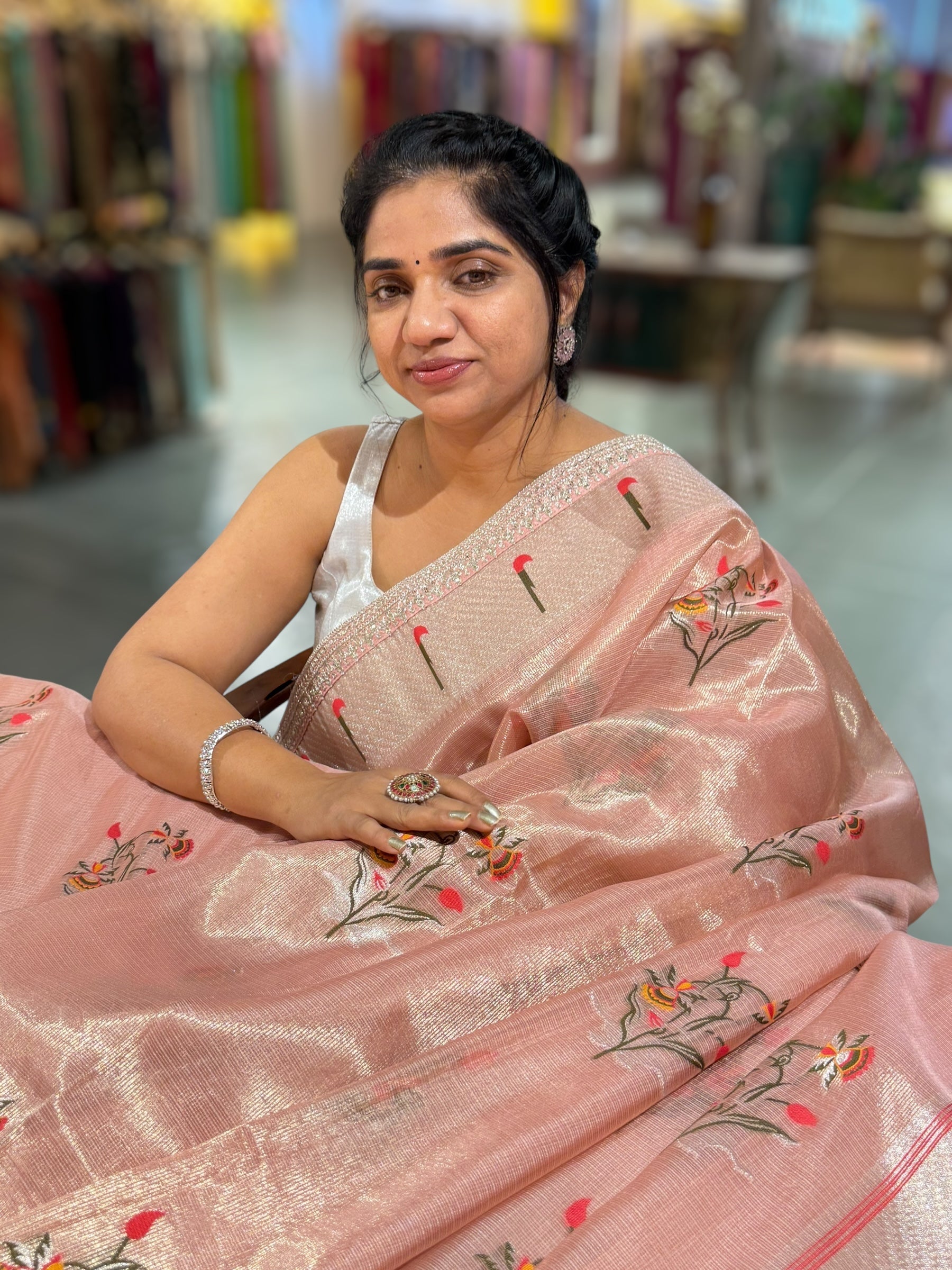Peach Tissue Kota Saree With sabhyasachi Borders and Blouses