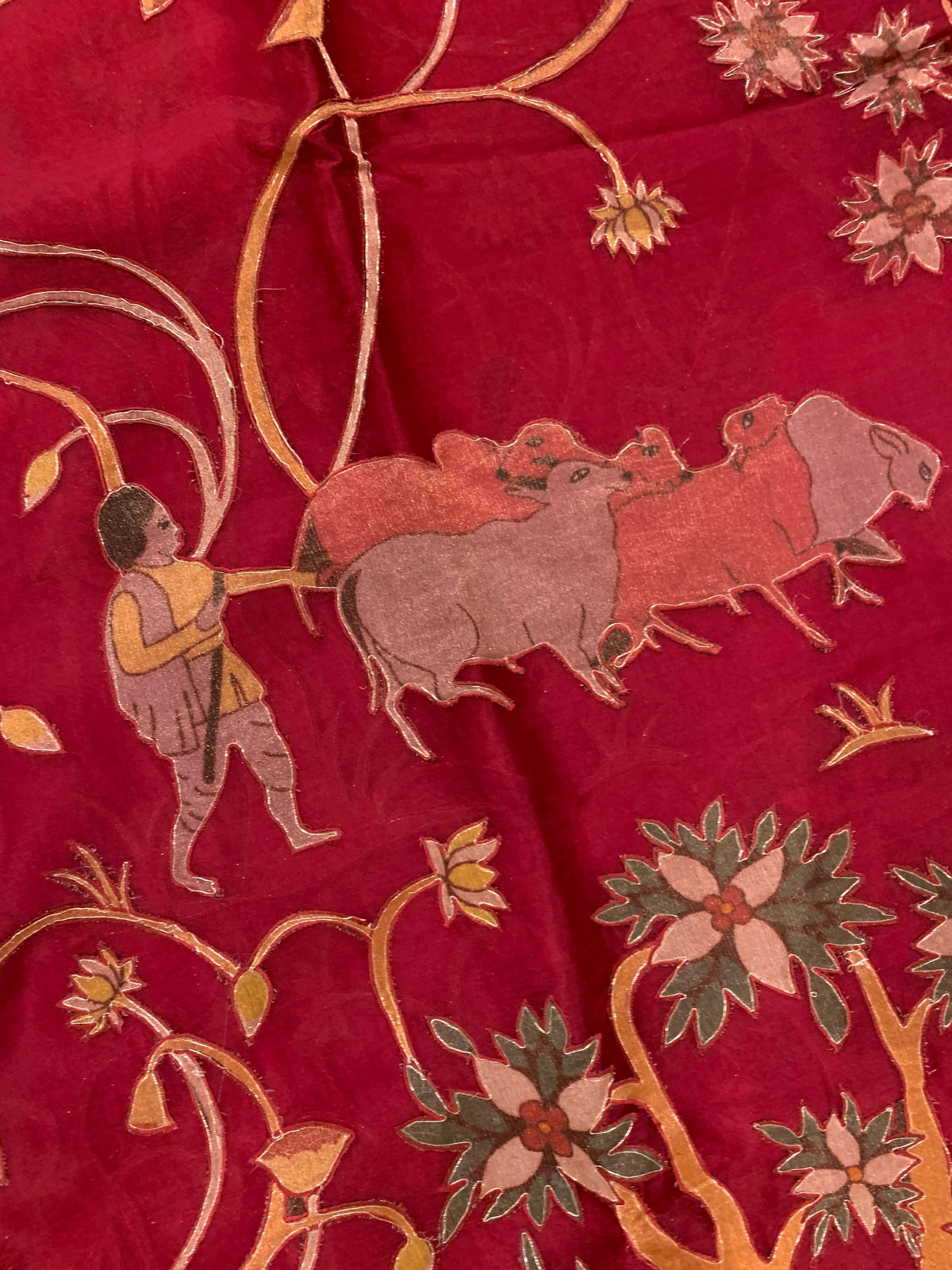 Dark Red Designer Organza Saree with Stunning Tissue Applique work Saree with Village theme