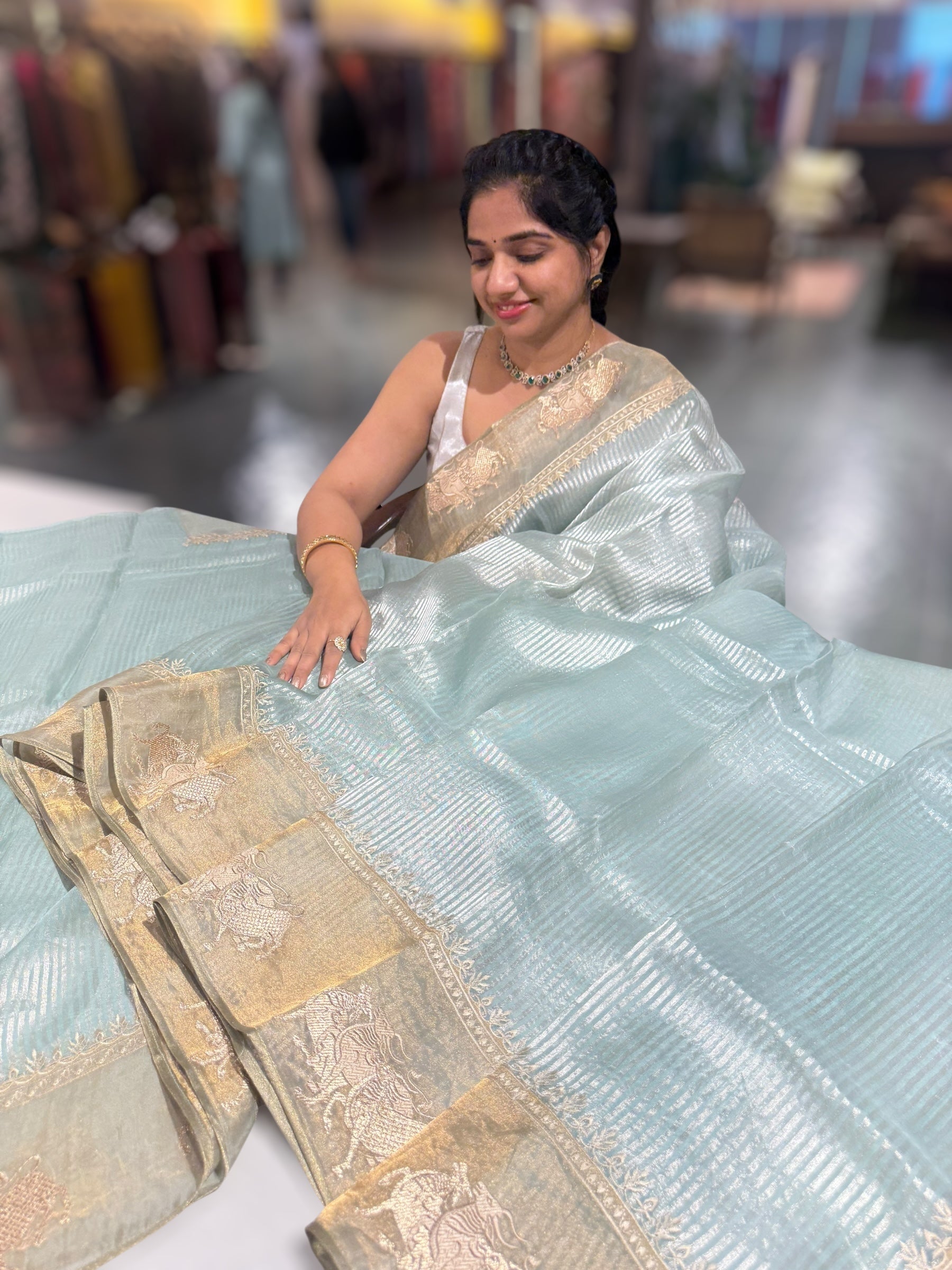 Pastel Blue Kora tissue stripes Saree with Nandi embroidered tissue border