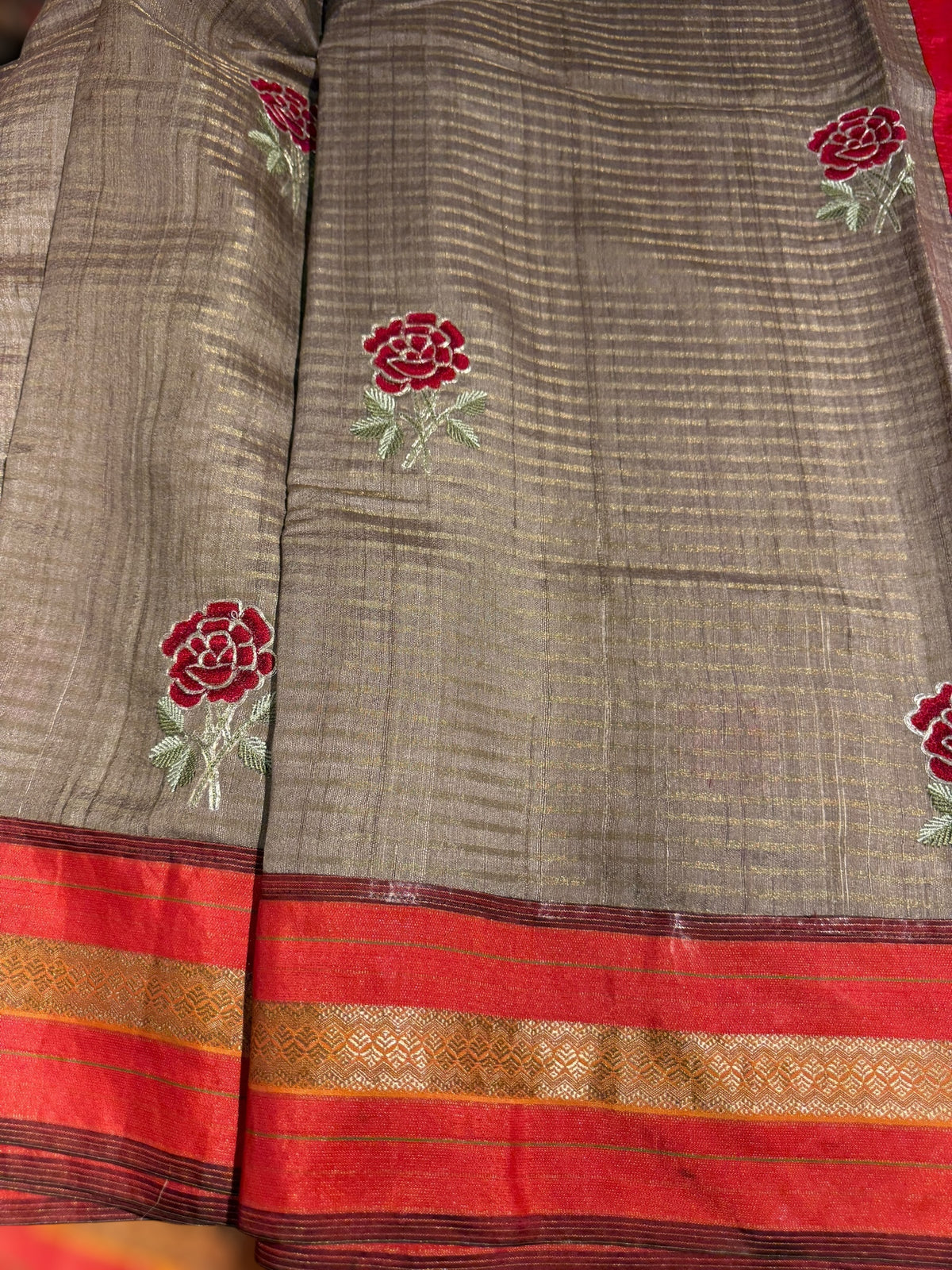 Chickoo Tussar Tissue and Silk fusion Saree with embroidery