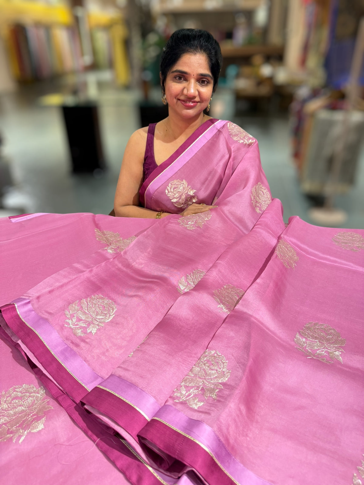 Rose Pink Pure Organza with embroidery