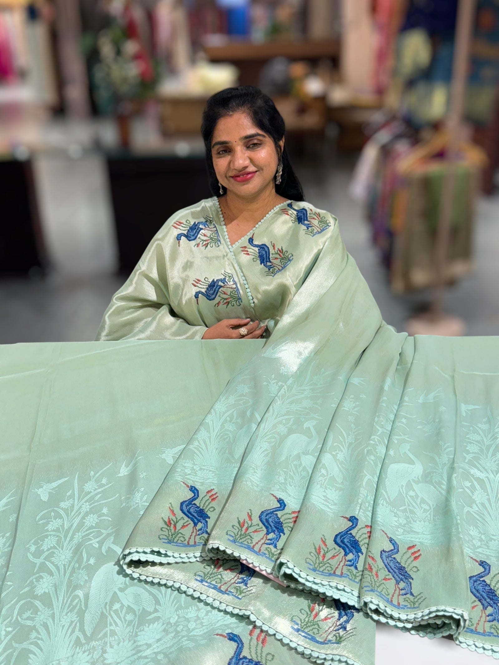 Mint Blue Banarasi Brocade tissue saree with tonchui style weaving & petite point embroidered swan border