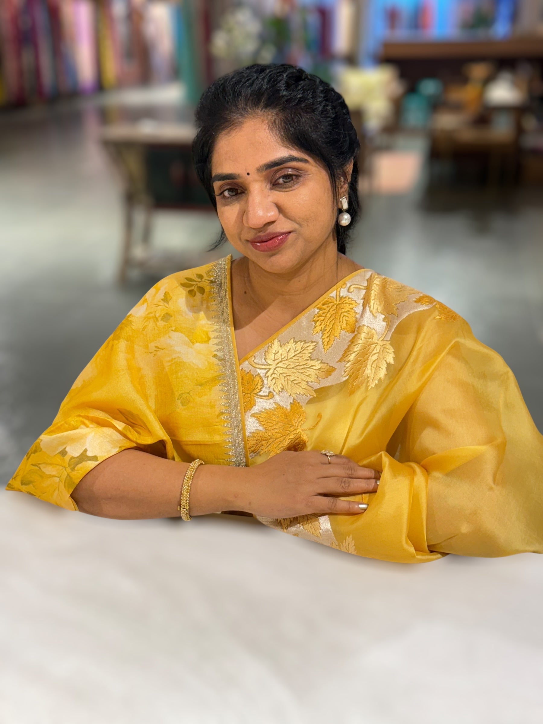 Yellow Organza Saree with Stunning Leaf Embroidered Border